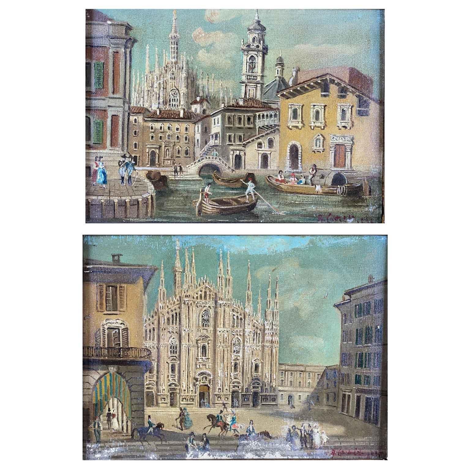 Set of Two Italian Landscape Paintings 1950s circa Milan Duomo Cathedral Views 2