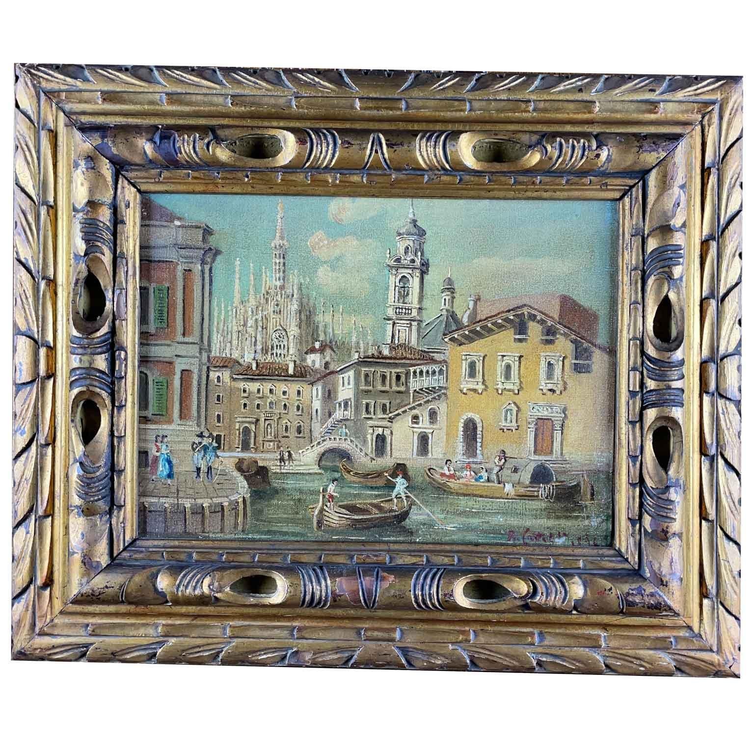 Set of Two Italian Landscape Paintings 1950s circa Milan Duomo Cathedral Views 3