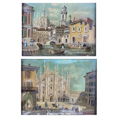 Set of Two Italian Landscape Paintings 1950s circa Milan Duomo Cathedral Views