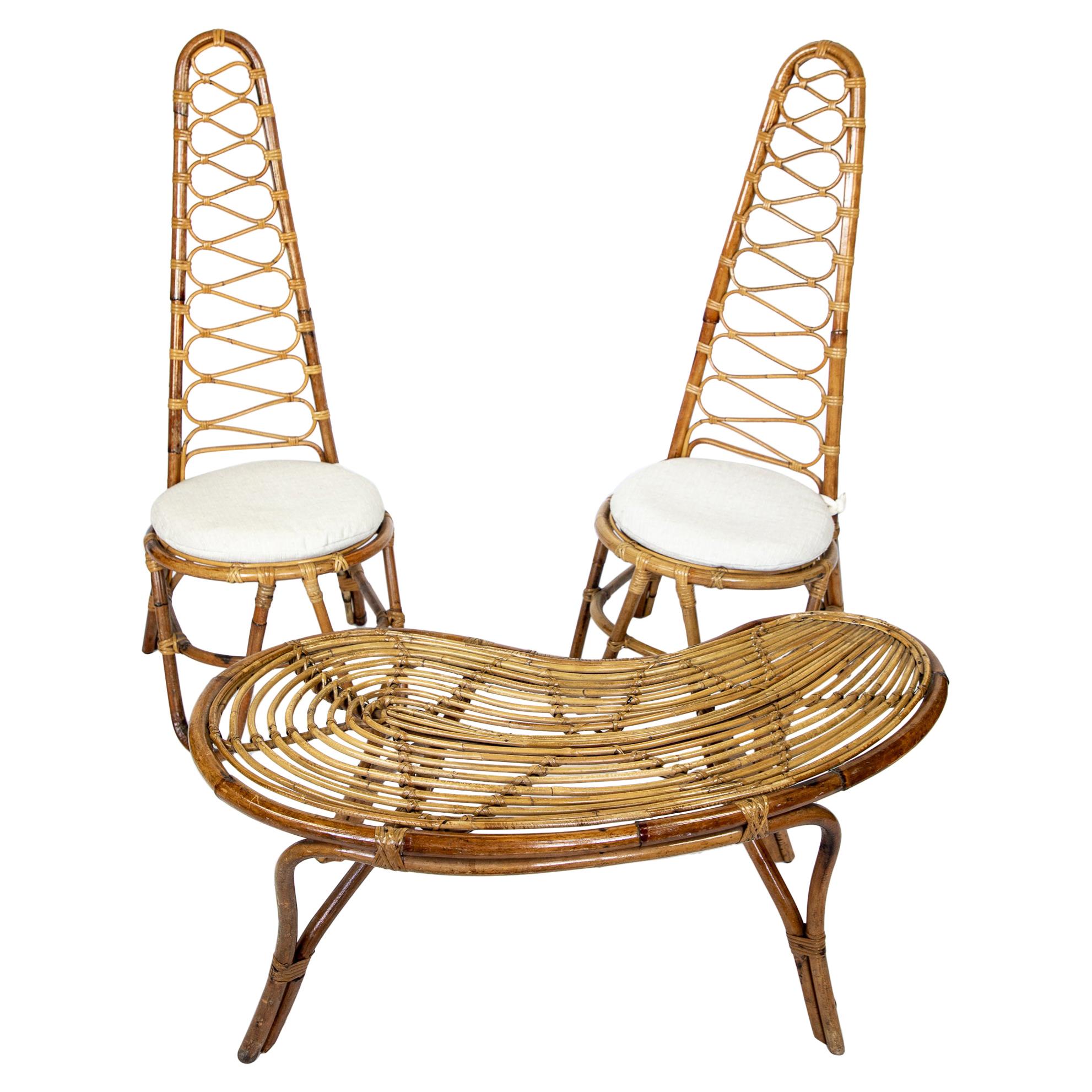 Mid-Century Modern Outdoor High Back Rattan Chairs and Table, Italy 1960s