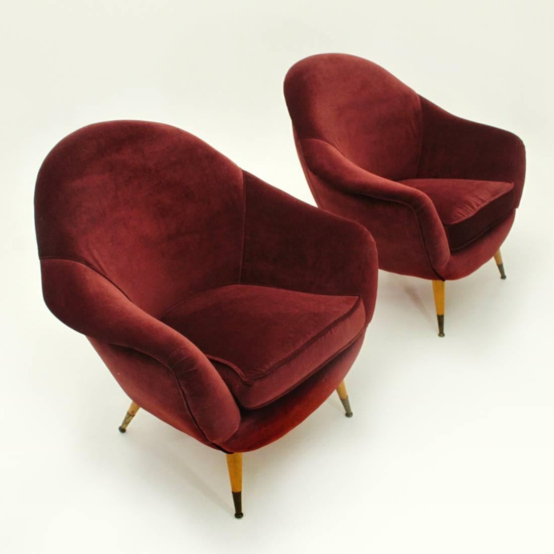 Mid-Century Modern Set of Two Italian Midcentury Red Velvet Armchairs, 1950s