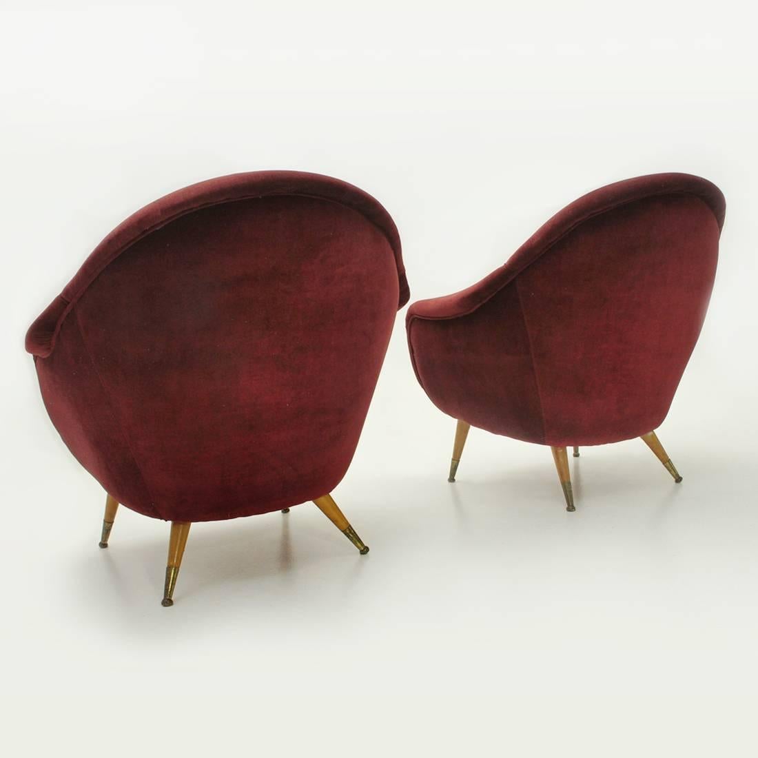 Wood Set of Two Italian Midcentury Red Velvet Armchairs, 1950s