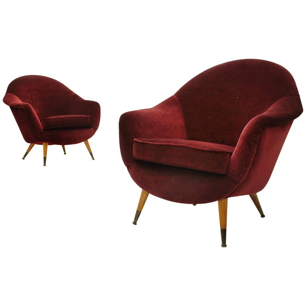 Set of Two Italian Midcentury Red Velvet Armchairs, 1950s