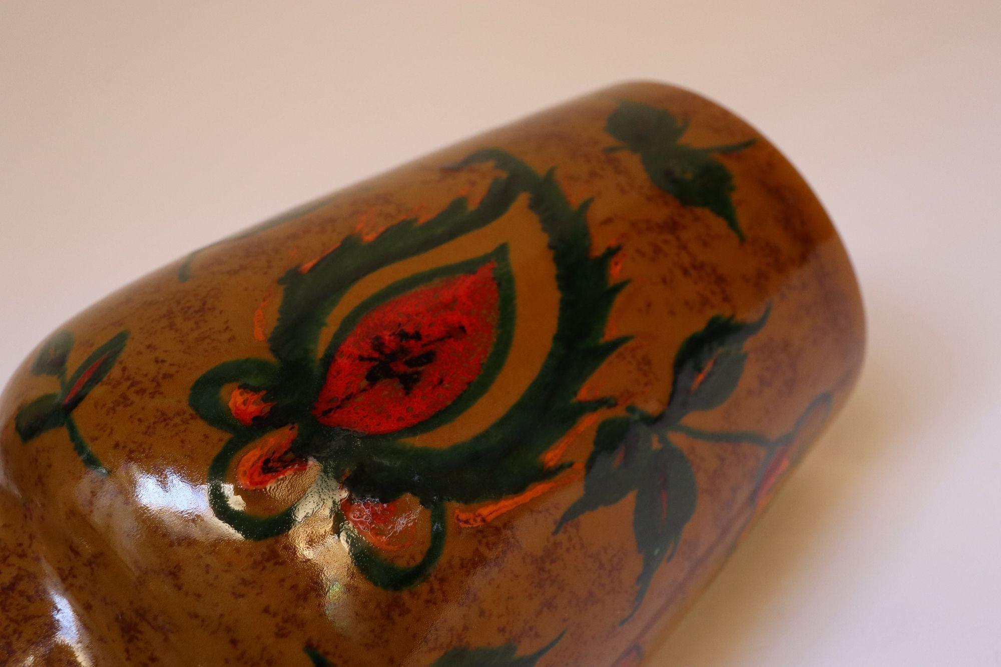 Set of Two Italian Modern Ceramic Ochre Vases with Floral and Paisley Decoration 5