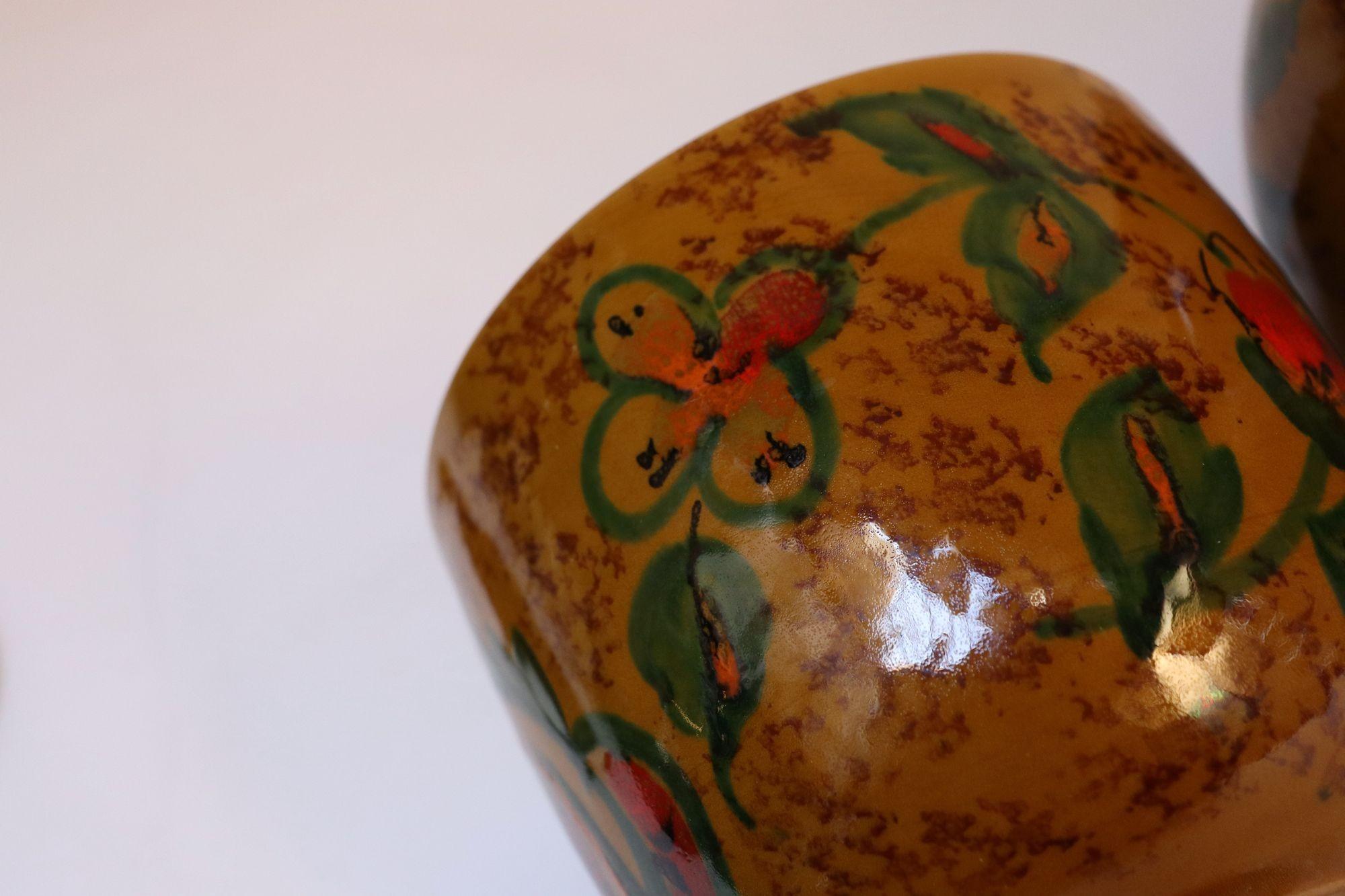 Set of Two Italian Modern Ceramic Ochre Vases with Floral and Paisley Decoration 7