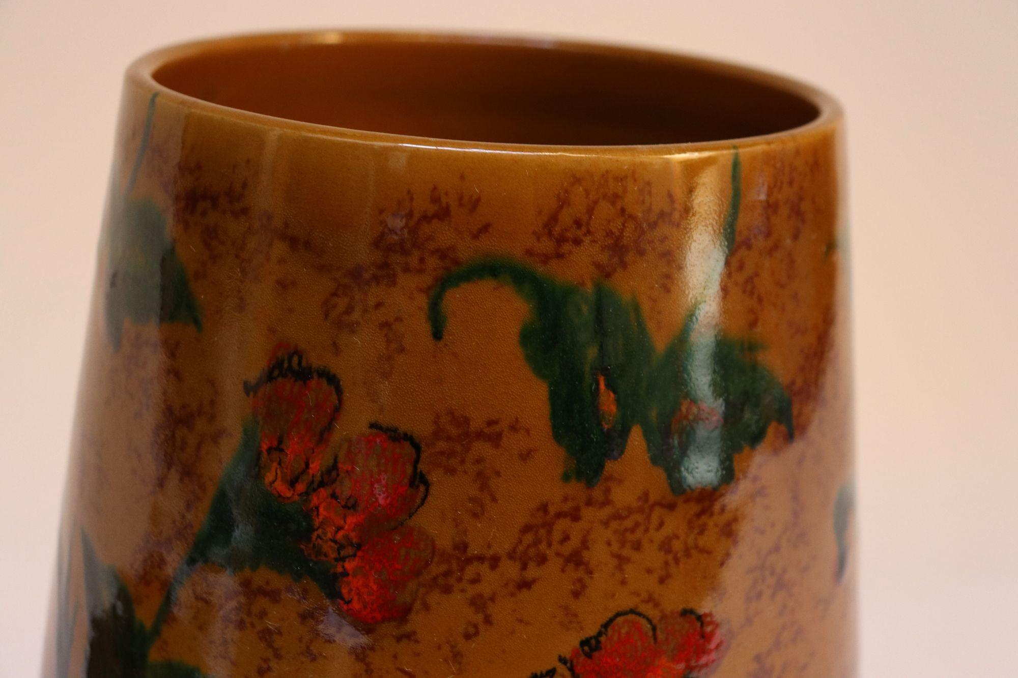 Set of Two Italian Modern Ceramic Ochre Vases with Floral and Paisley Decoration 9