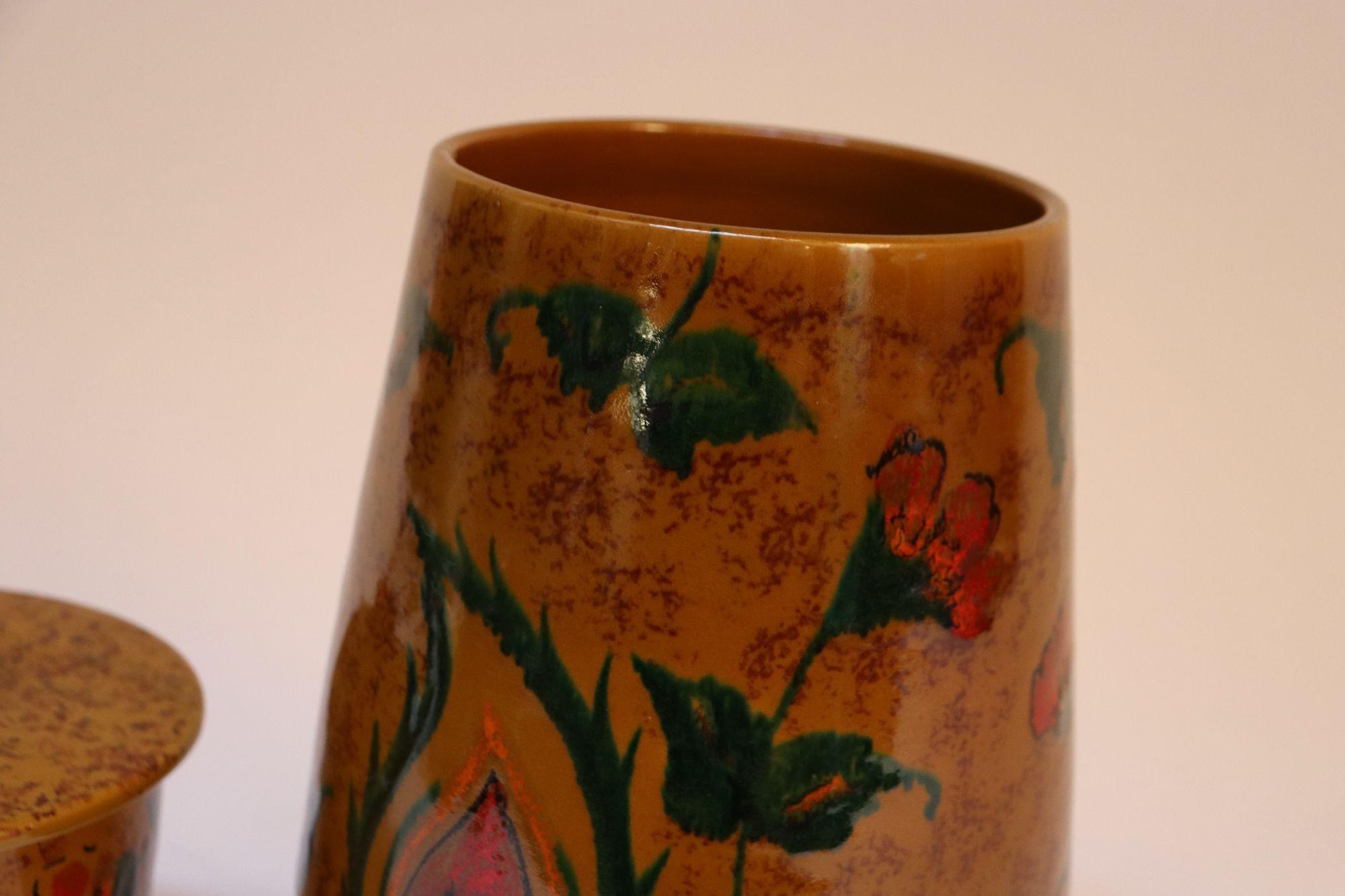 Set of Two Italian Modern Ceramic Ochre Vases with Floral and Paisley Decoration 10