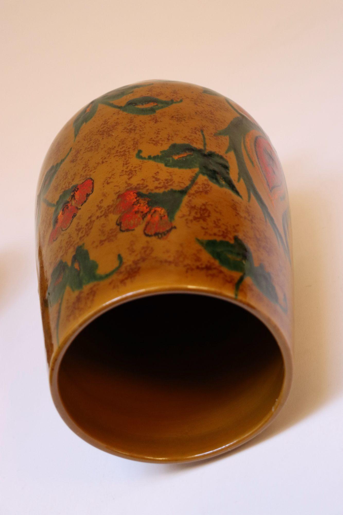 Set of Two Italian Modern Ceramic Ochre Vases with Floral and Paisley Decoration 1