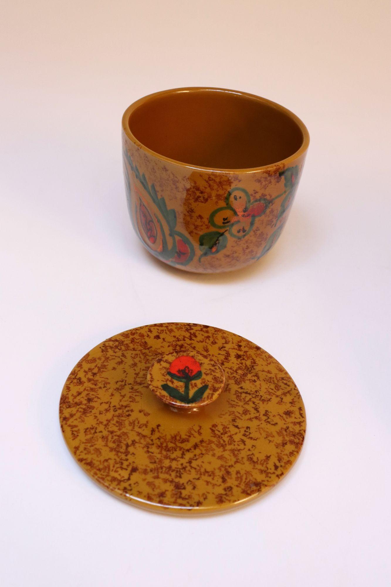 Set of Two Italian Modern Ceramic Ochre Vases with Floral and Paisley Decoration 2