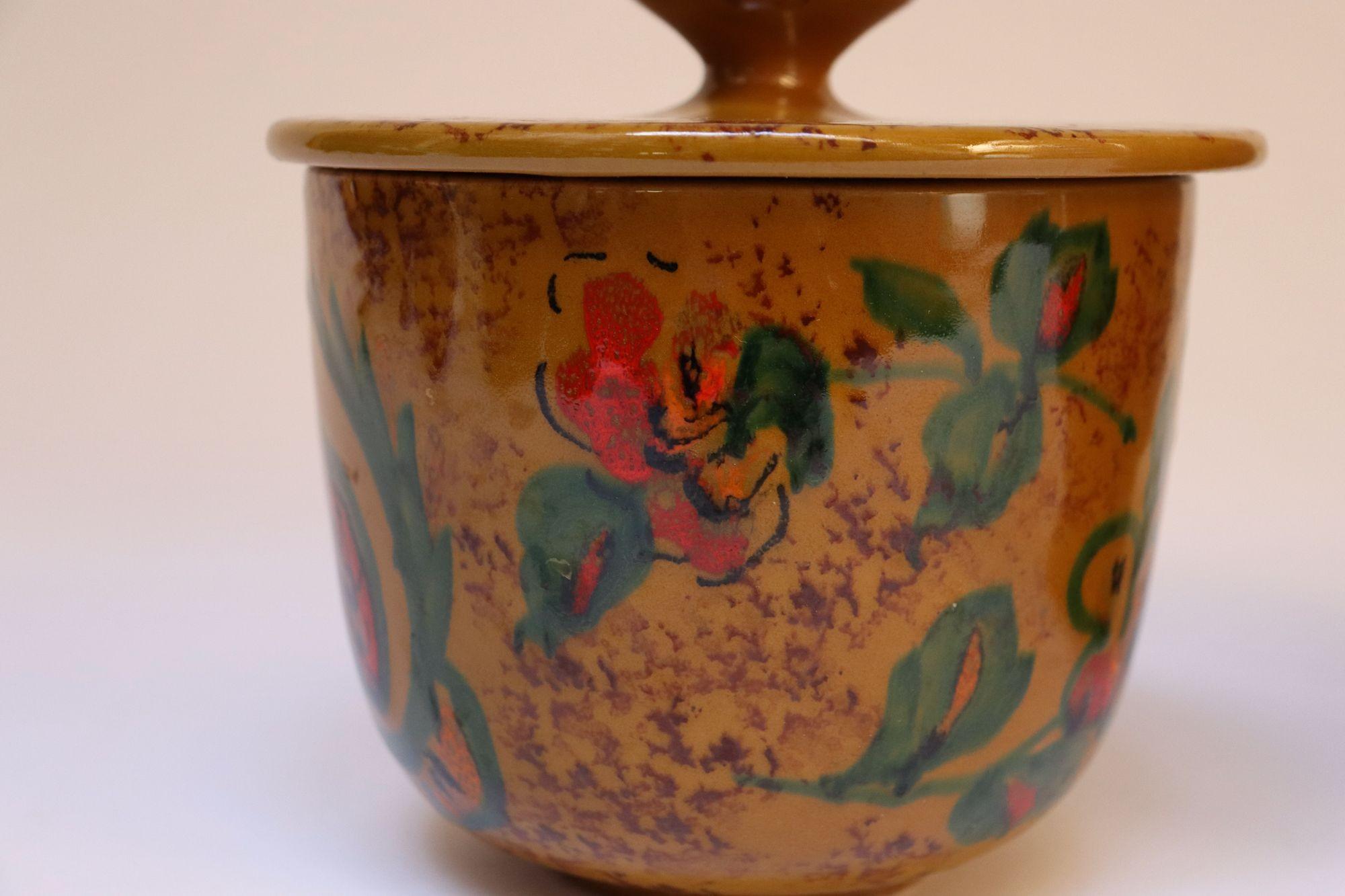 Set of Two Italian Modern Ceramic Ochre Vases with Floral and Paisley Decoration 3