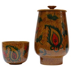 Set of Two Italian Modern Ceramic Ochre Vases with Floral and Paisley Decoration