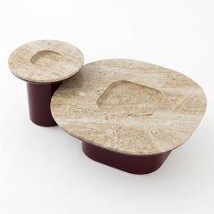 Set of Two Italian Modern Style Biomorphic Travertine Coffee Table with Lacquer
