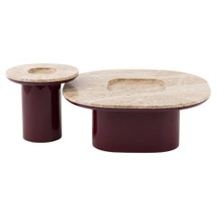 Set of Two Italian Modern Style Biomorphic Travertine Coffee Table with Lacquer
