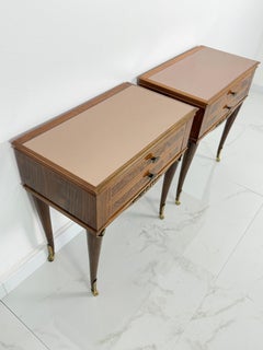 Set of two Italian Night Stands with pink glass tops and brass feet, 1950s