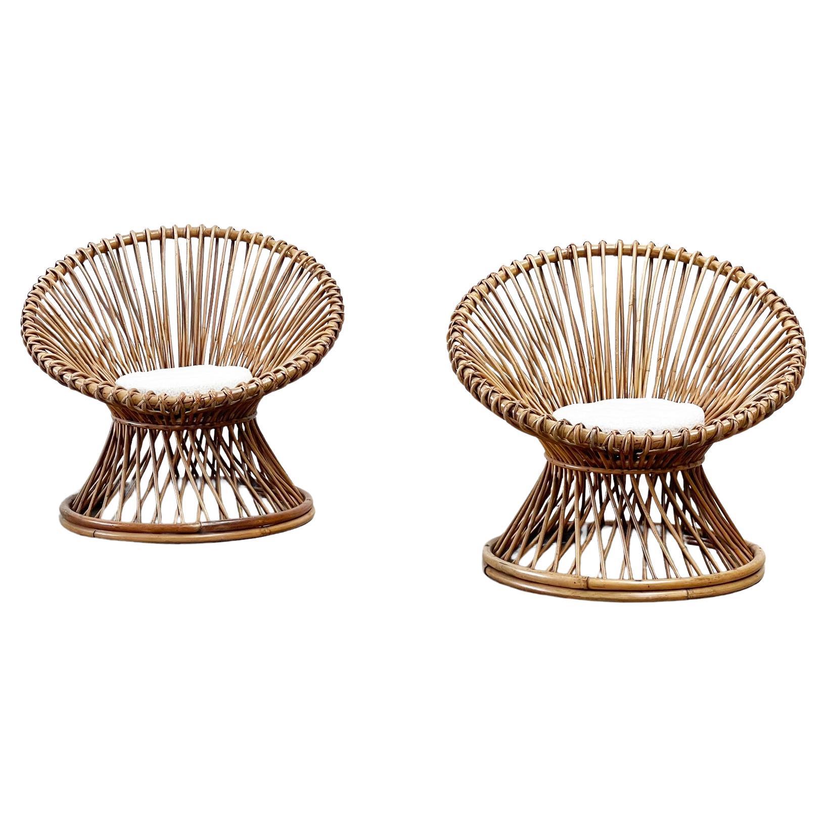 set of two Italian rattan and bouclé lounge chairs