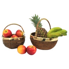 Set of Two Italian Rattan and Brass Baskets / Centerpieces / Bowls