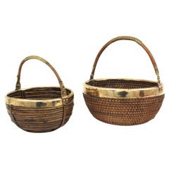 Vintage Set of Two Italian Rattan and Brass Baskets / Centerpieces / Bowls