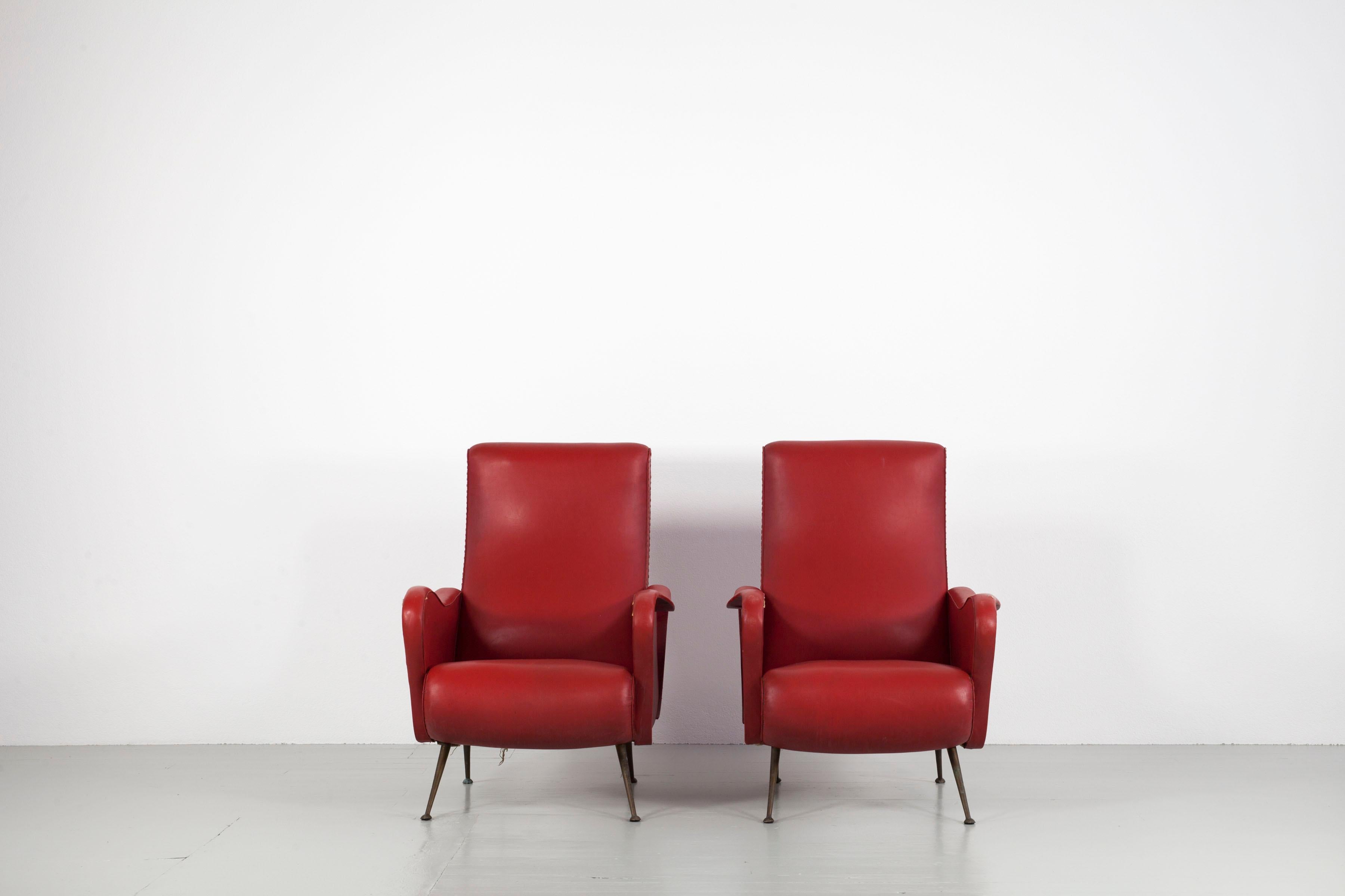 Set of Two Italian Red Faux Leather Armchairs with Brass Legs, 1950s 2