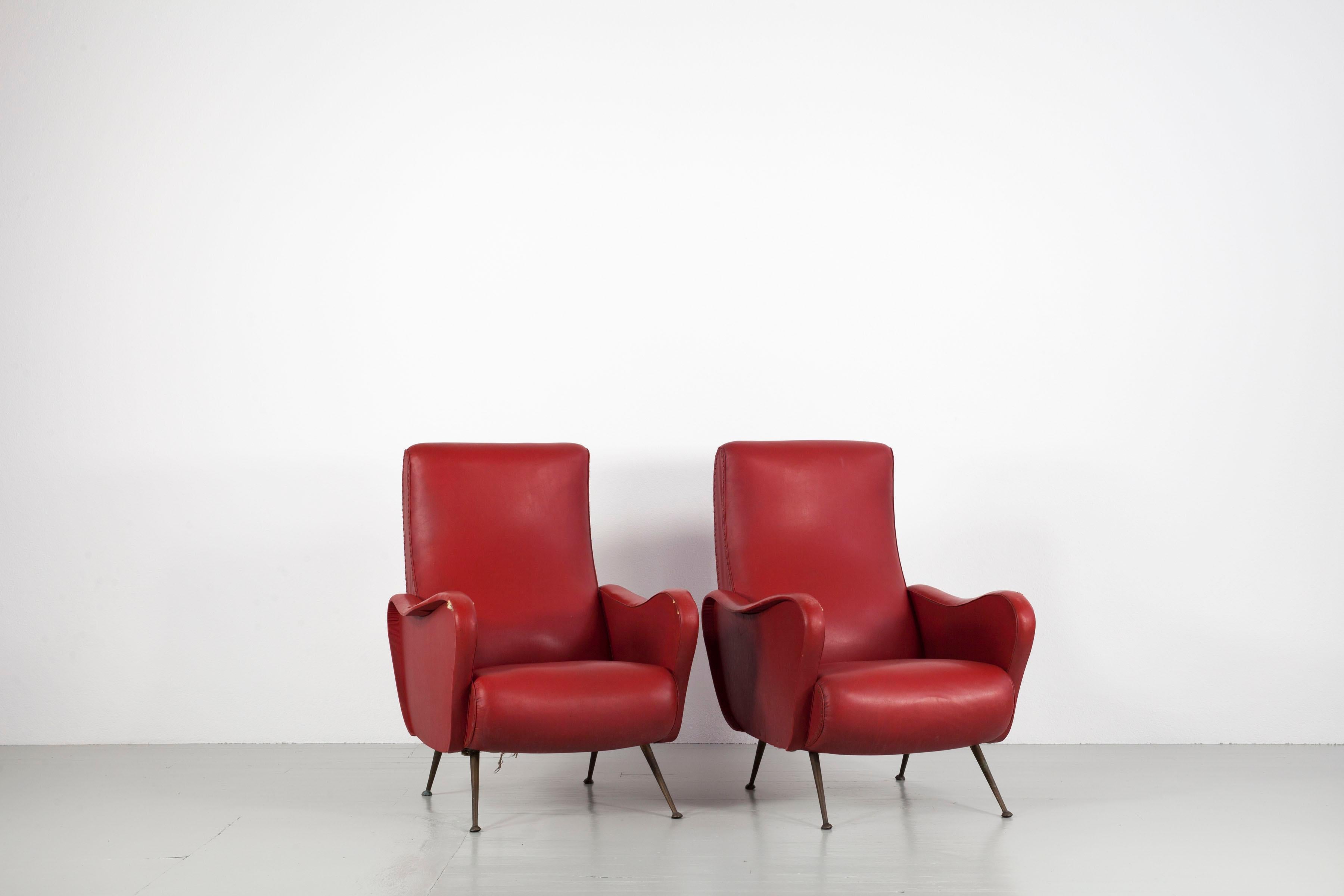 Set of Two Italian Red Faux Leather Armchairs with Brass Legs, 1950s 3