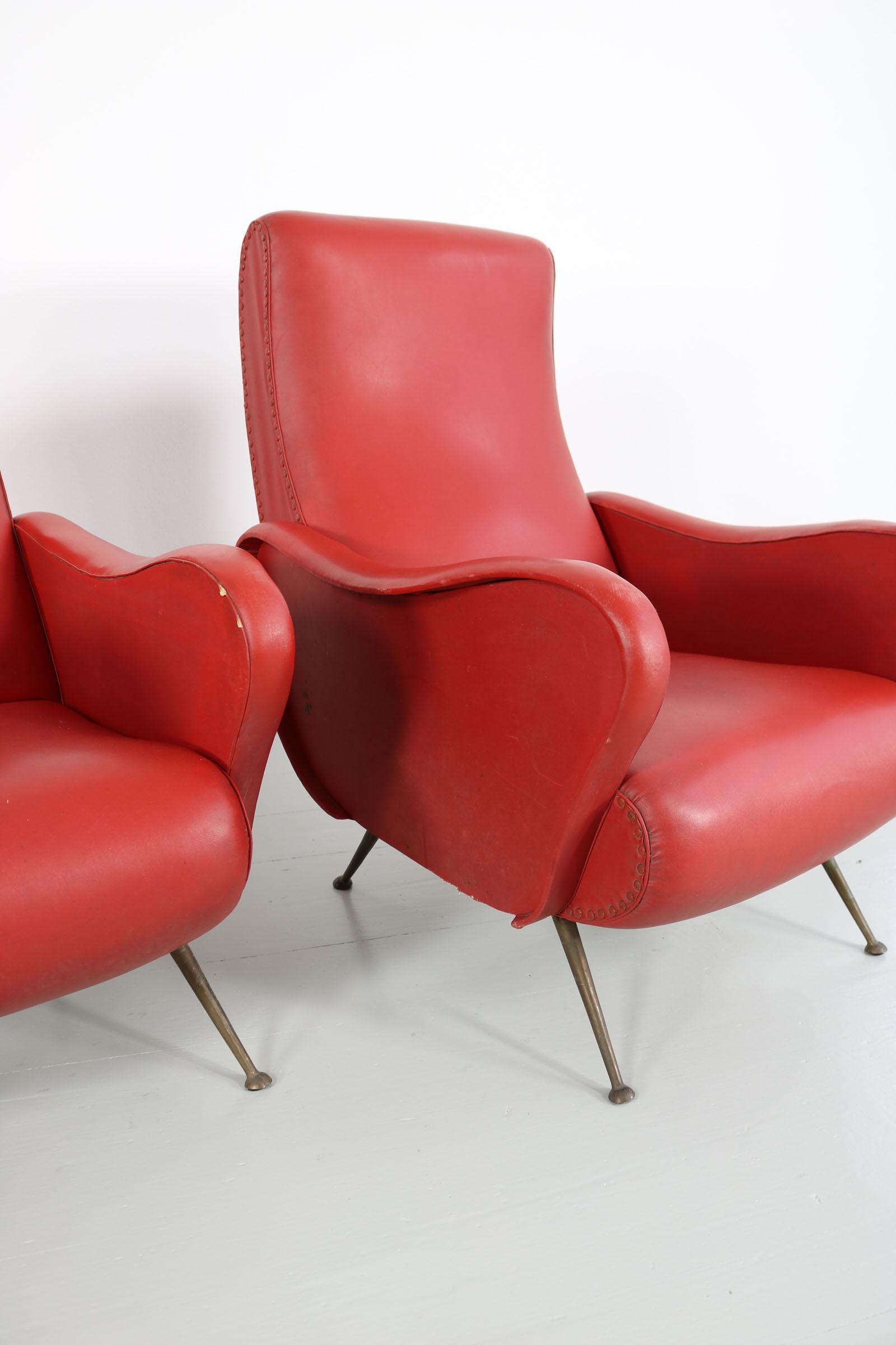 Set of Two Italian Red Faux Leather Armchairs with Brass Legs, 1950s 4