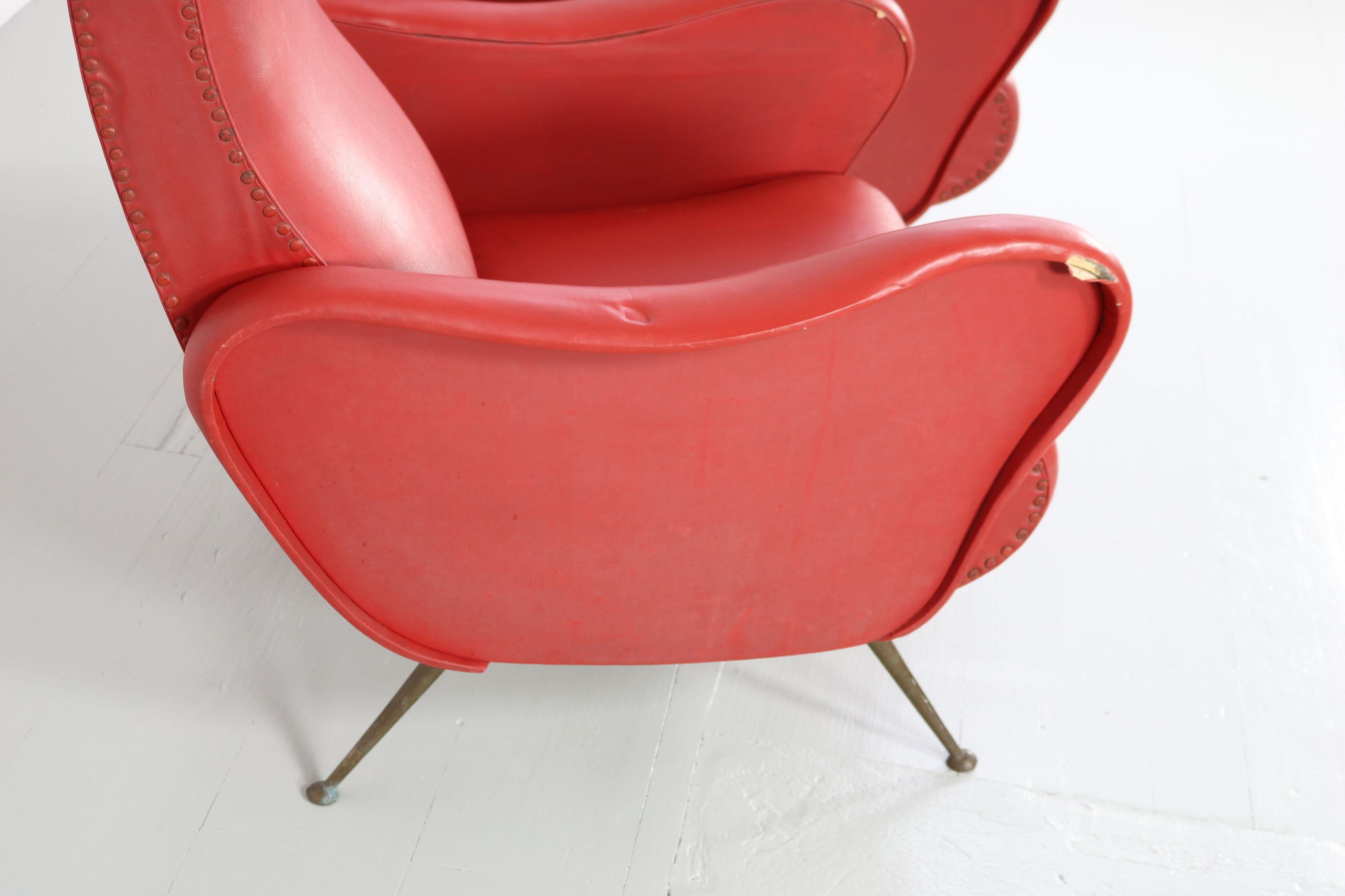 Set of Two Italian Red Faux Leather Armchairs with Brass Legs, 1950s 5