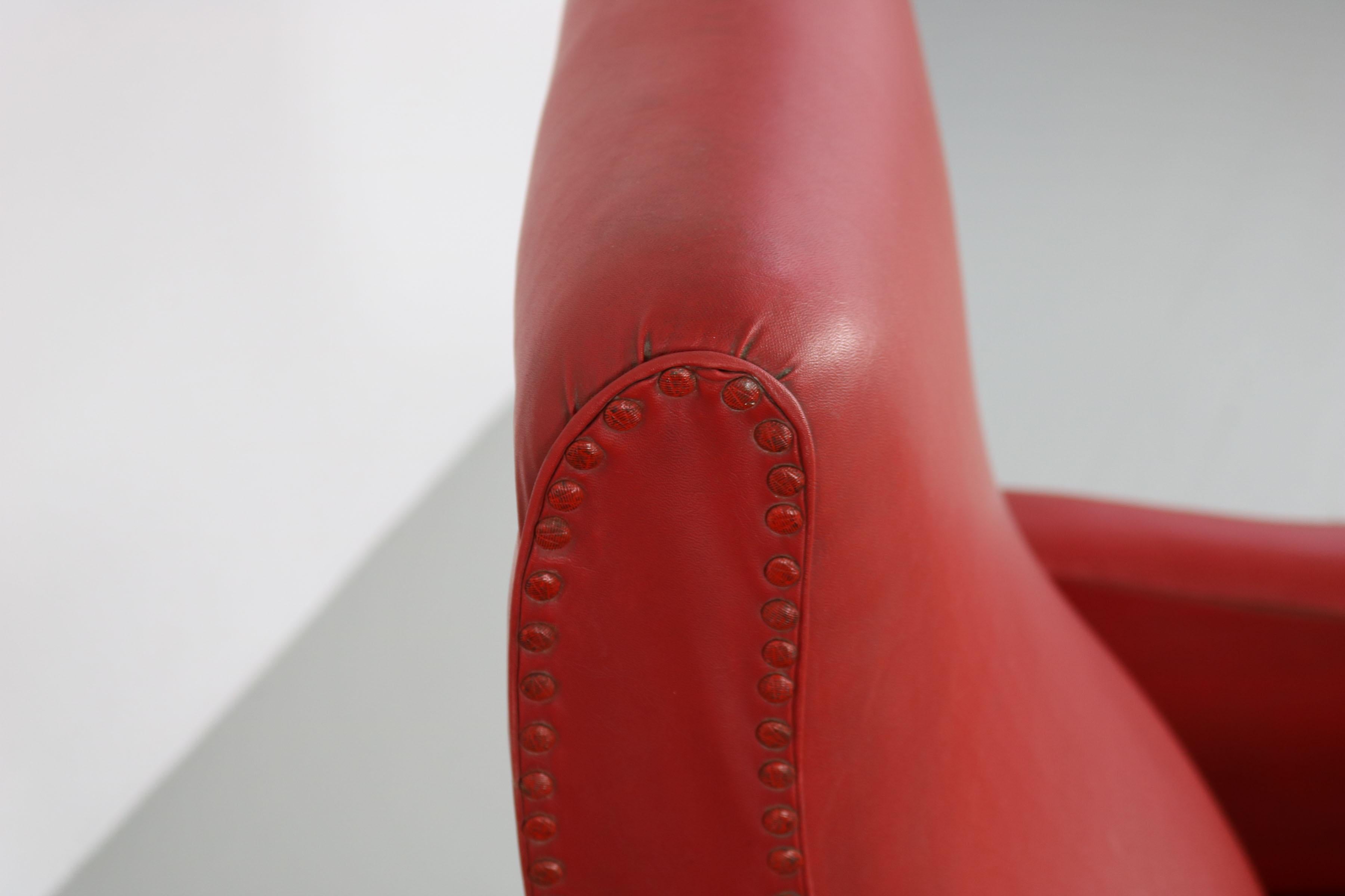 Set of Two Italian Red Faux Leather Armchairs with Brass Legs, 1950s 6