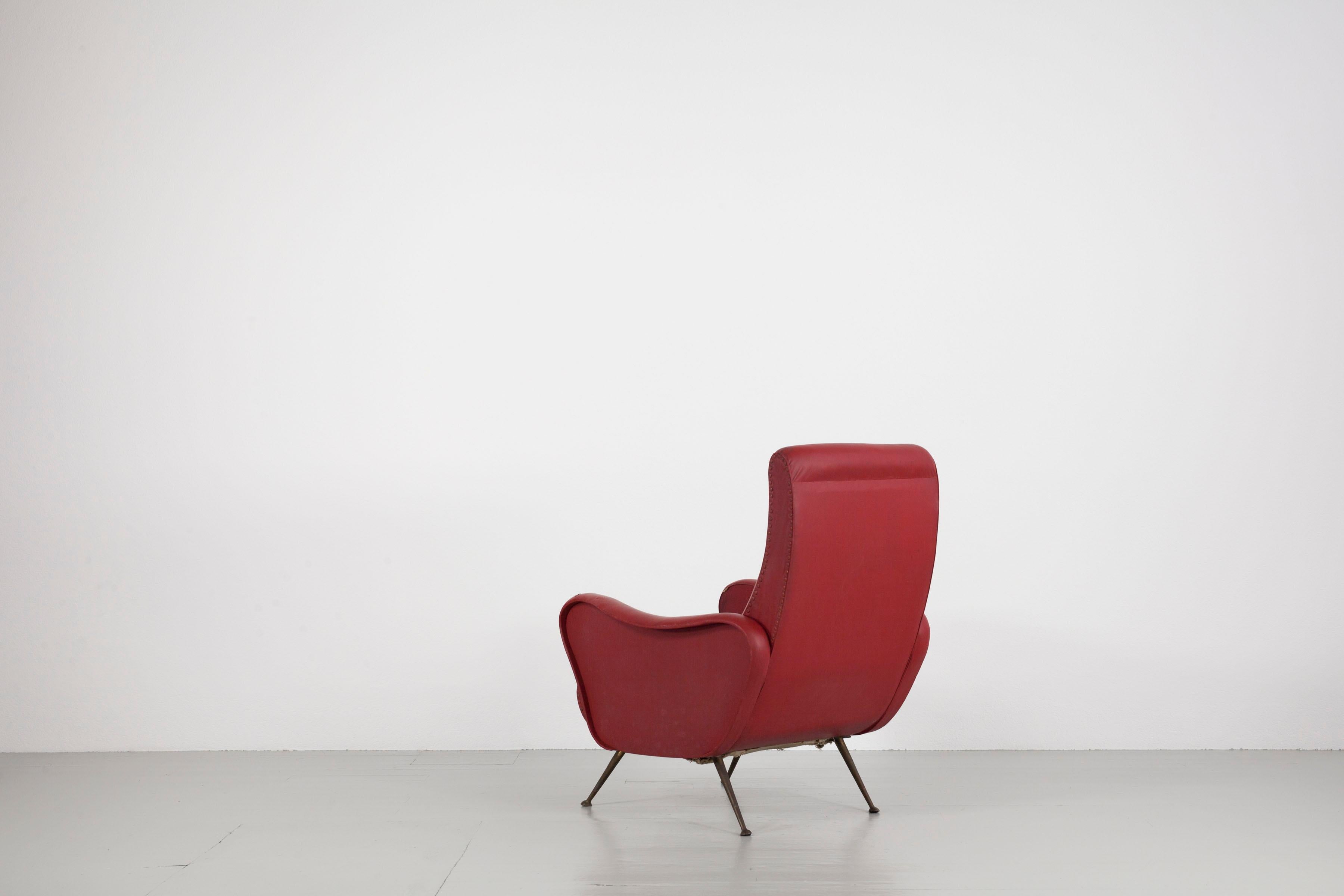 Set of Two Italian Red Faux Leather Armchairs with Brass Legs, 1950s 1