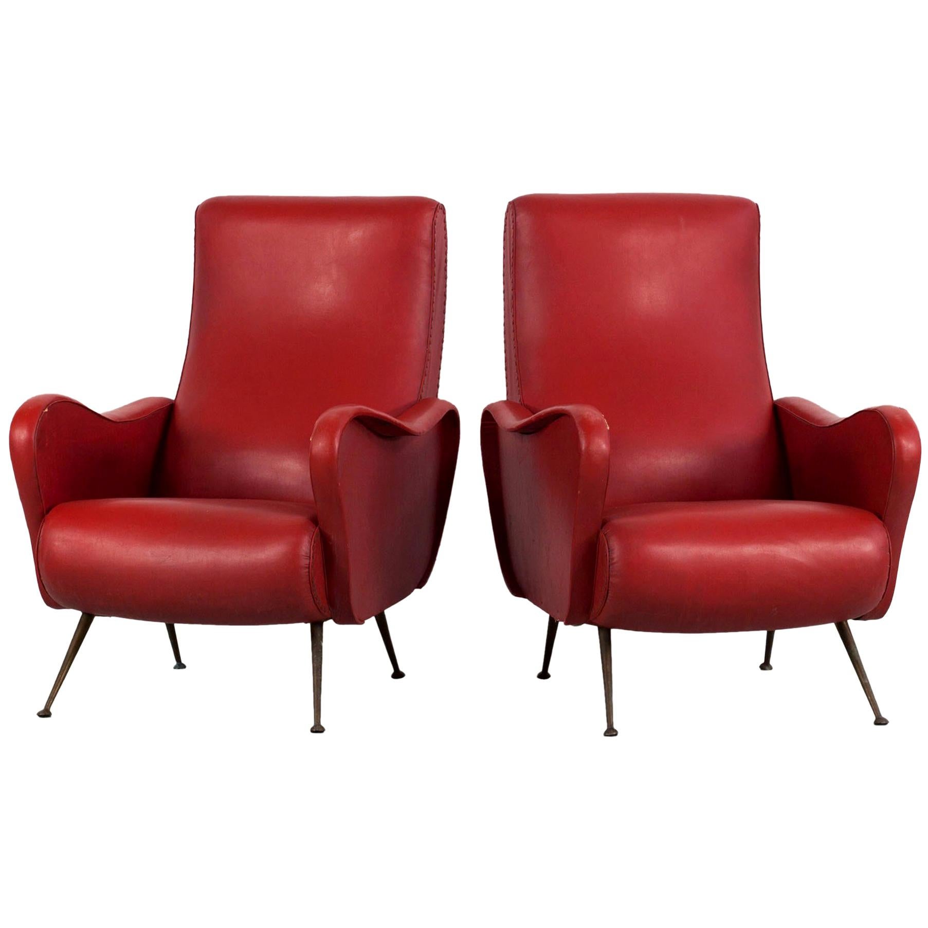 Set of Two Italian Red Faux Leather Armchairs with Brass Legs, 1950s