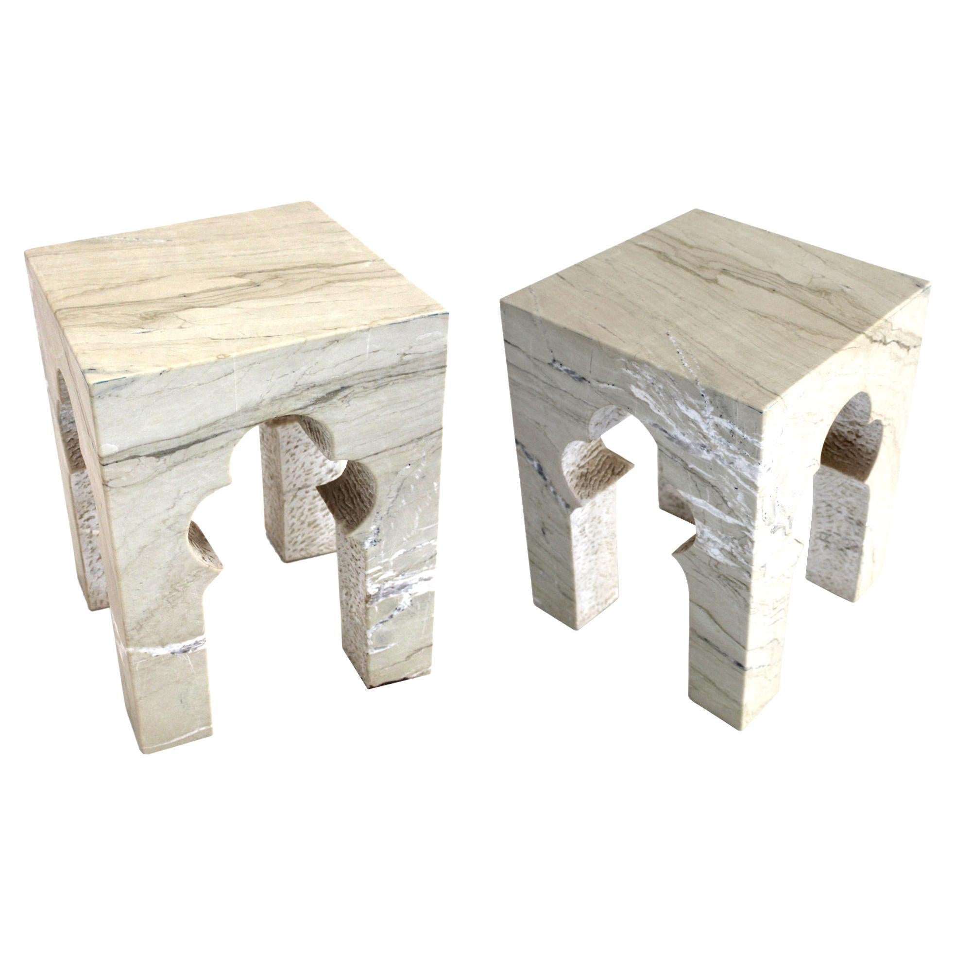 Set of Two Jahangir Side Tables in Katni Marble by Paul Mathieu For Sale