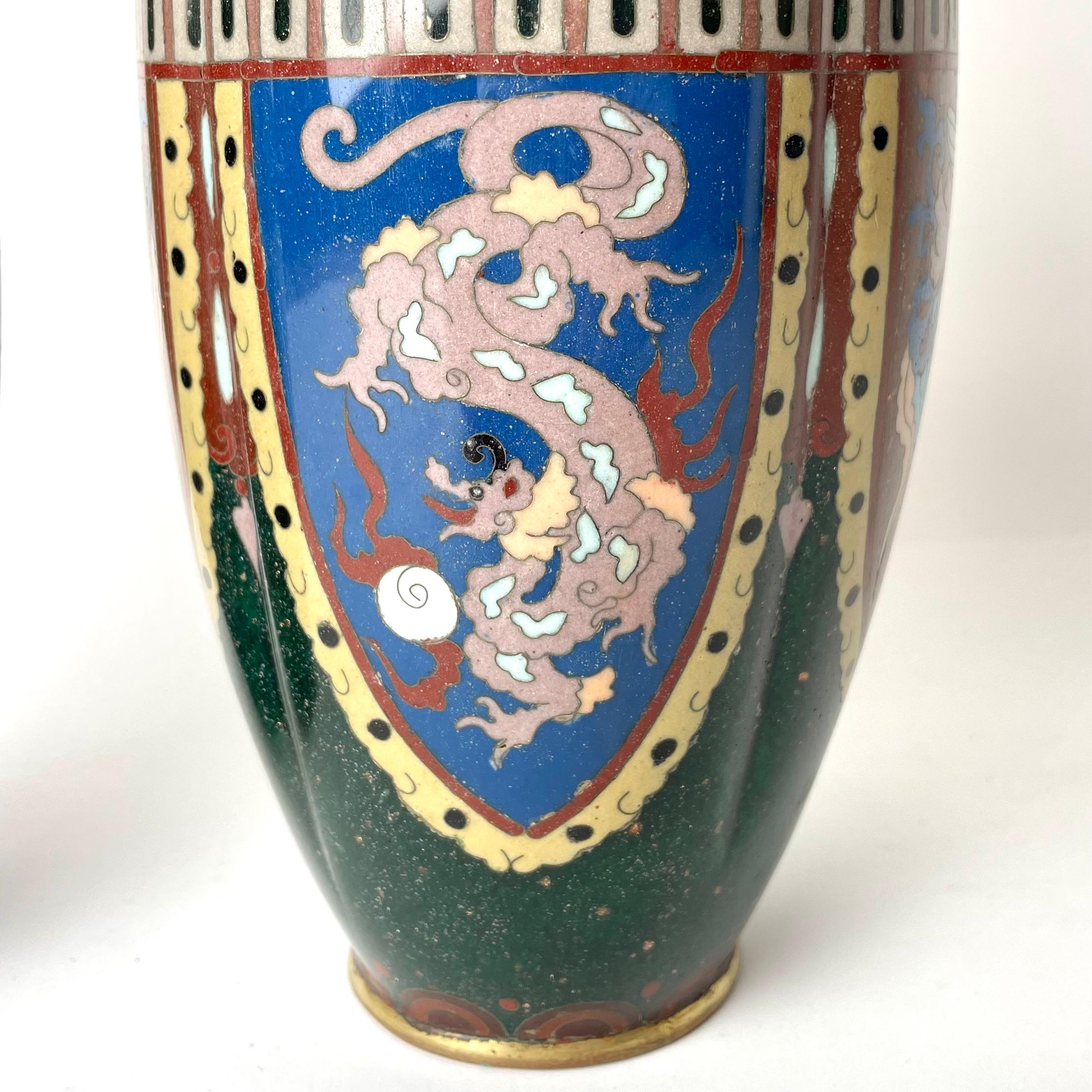 Enamel Set of Two Japanese Cloissoné Vases Meiji Era Dragon and Pheonix For Sale