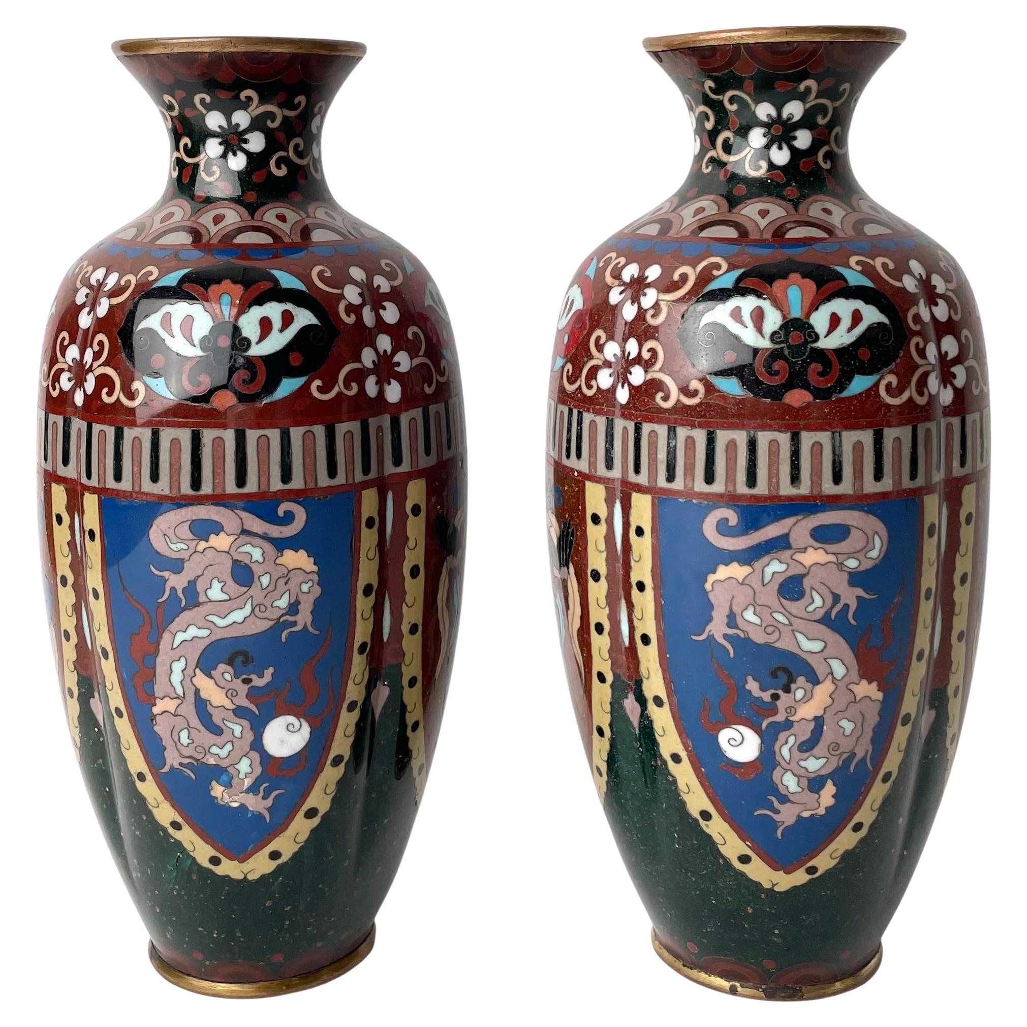 Set of Two Japanese Cloissoné Vases Meiji Era Dragon and Pheonix