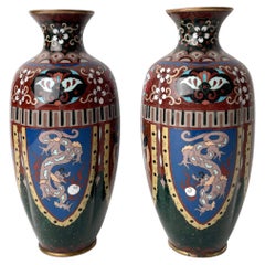 Antique Set of Two Japanese Cloissoné Vases Meiji Era Dragon and Pheonix