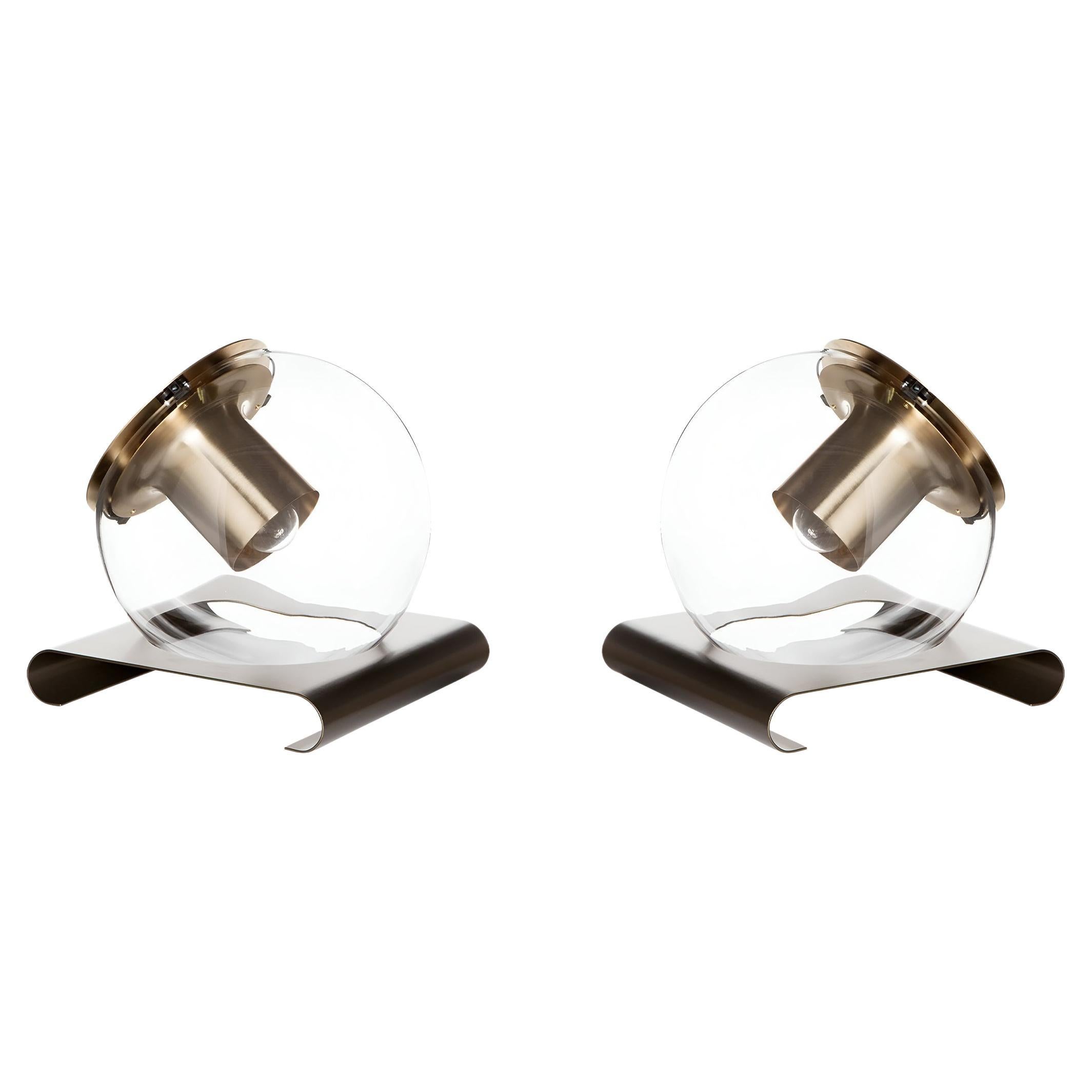 Set of Two Joe Colombo Satin Gold Table Lamp 
The Globe
 by Oluce