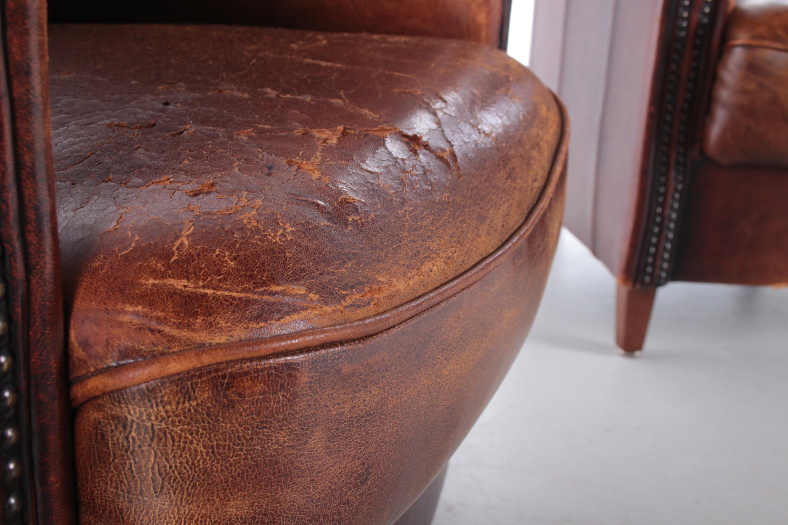 Set of Two Joris Sheepskin Leather Armchairs with a Beautiful Brown Patina 5