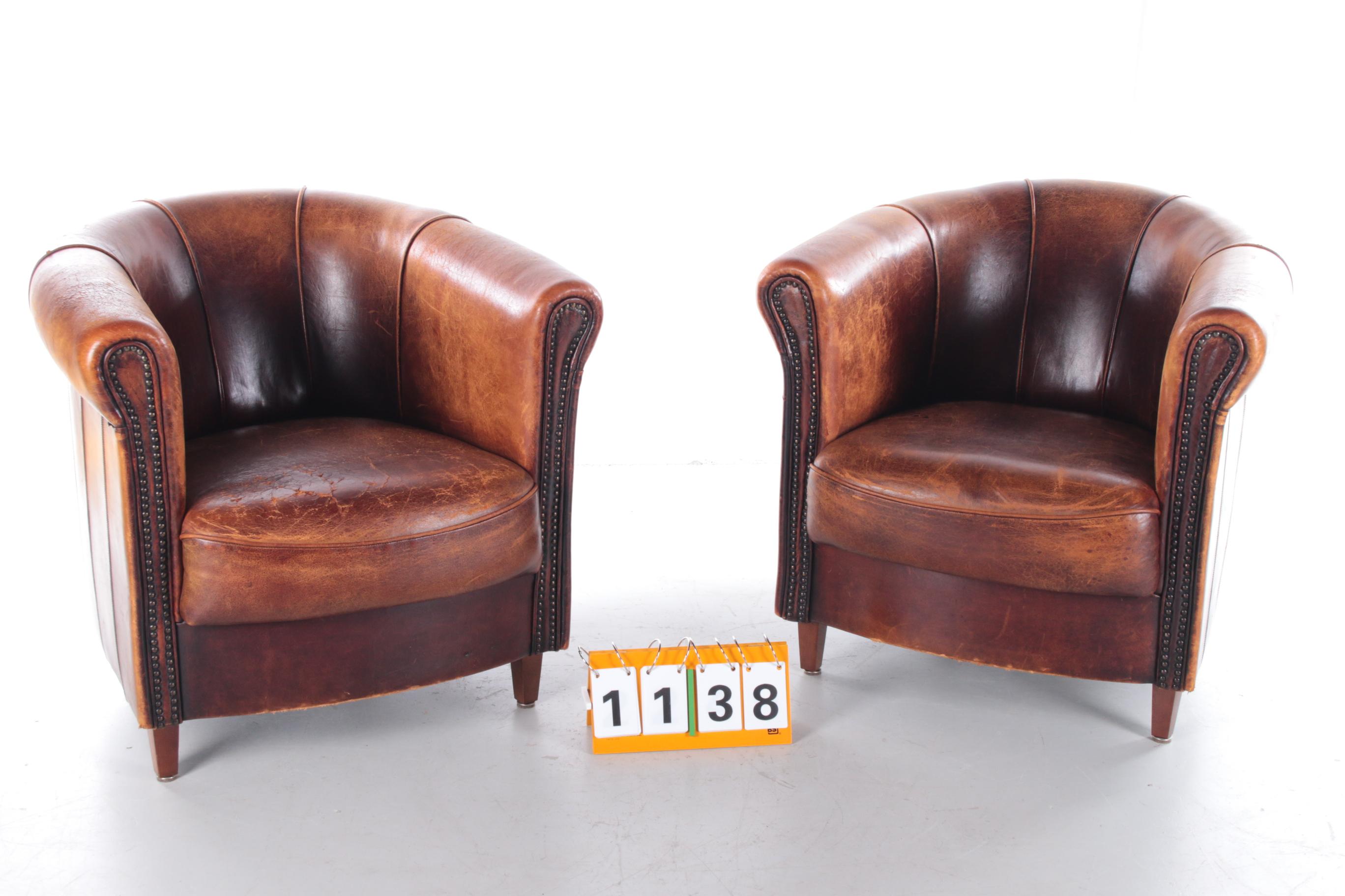 Dutch Set of Two Joris Sheepskin Leather Armchairs with a Beautiful Brown Patina
