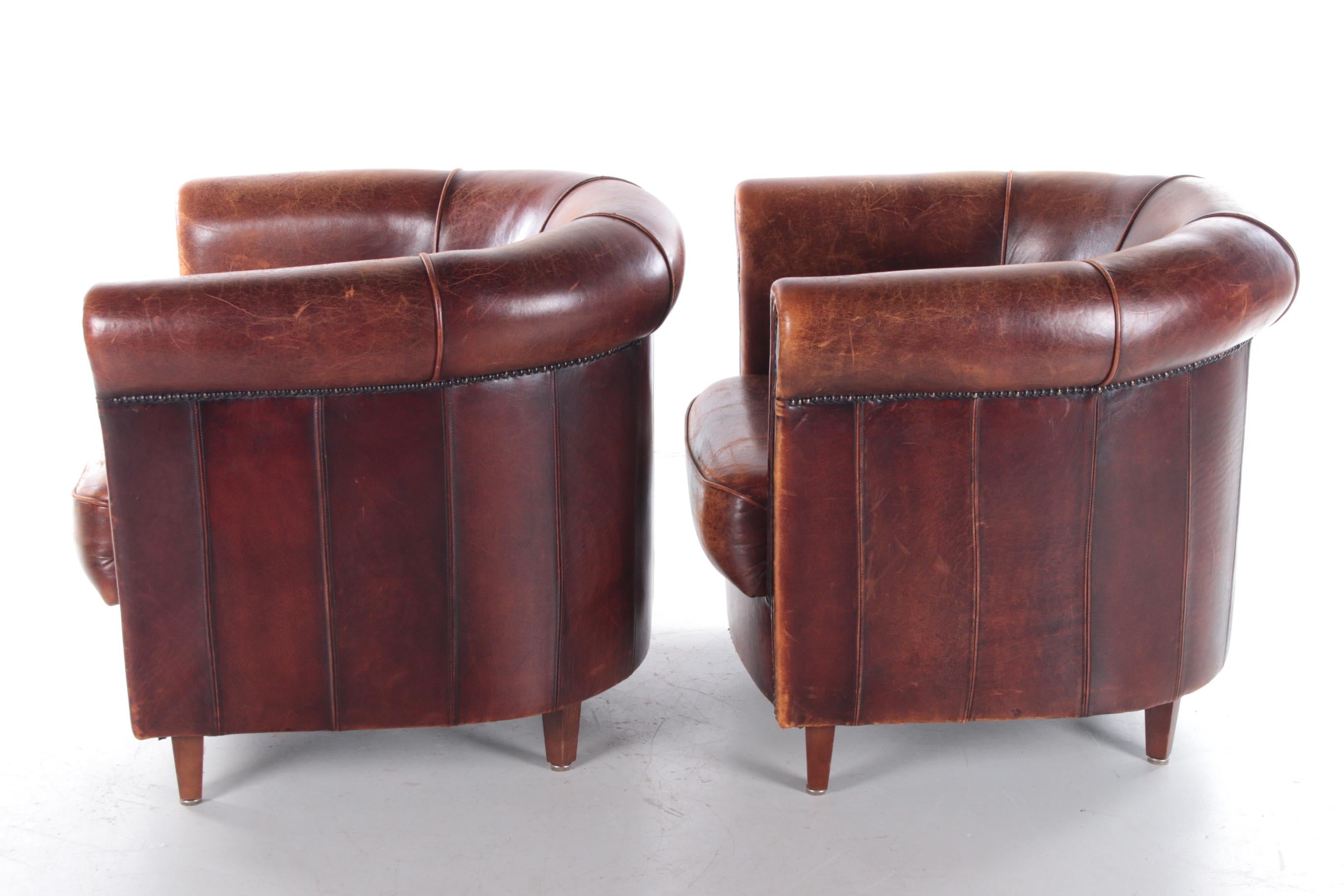 Late 20th Century Set of Two Joris Sheepskin Leather Armchairs with a Beautiful Brown Patina