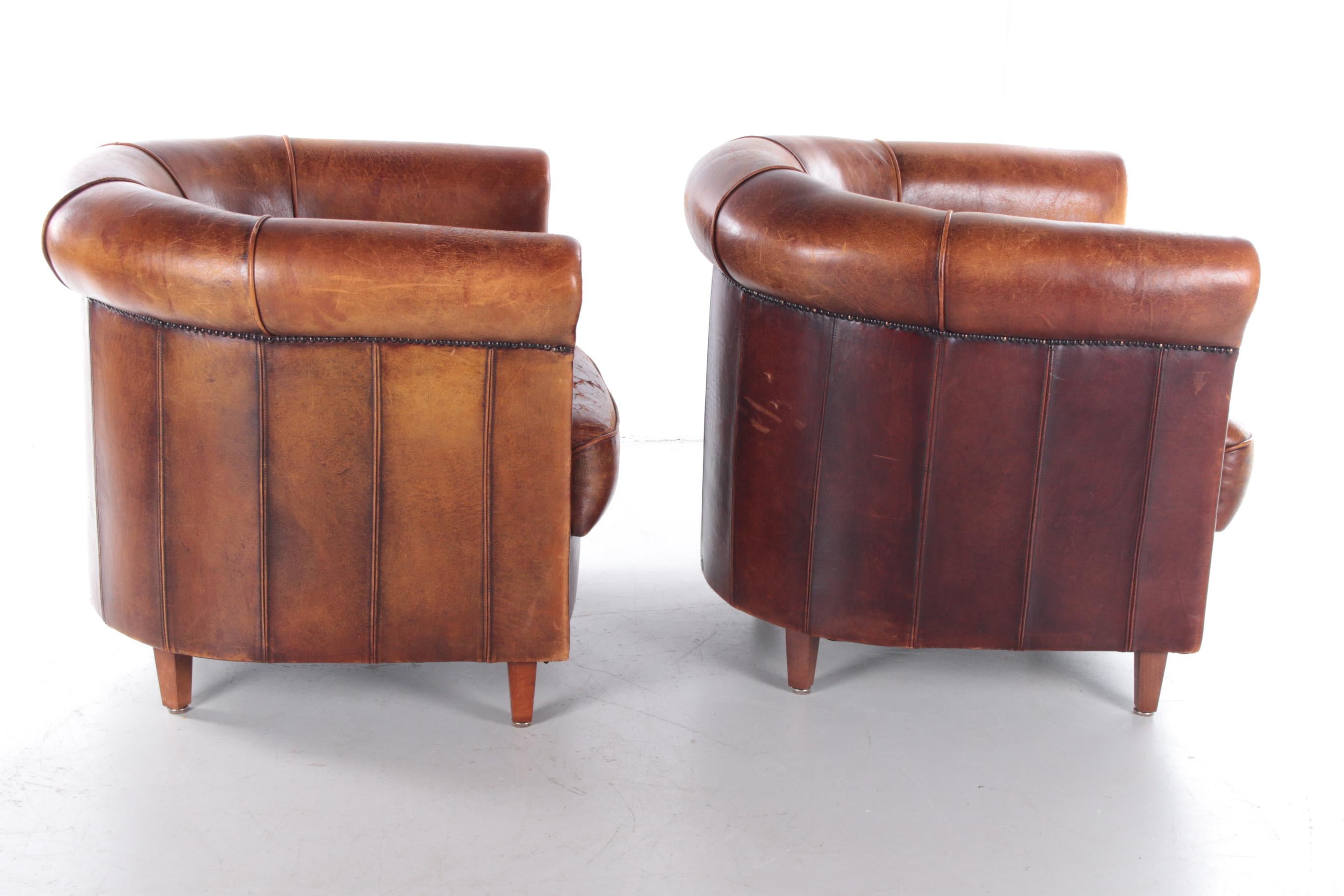Set of Two Joris Sheepskin Leather Armchairs with a Beautiful Brown Patina 2