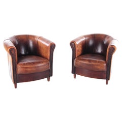 Set of Two Joris Sheepskin Leather Armchairs with a Beautiful Brown Patina