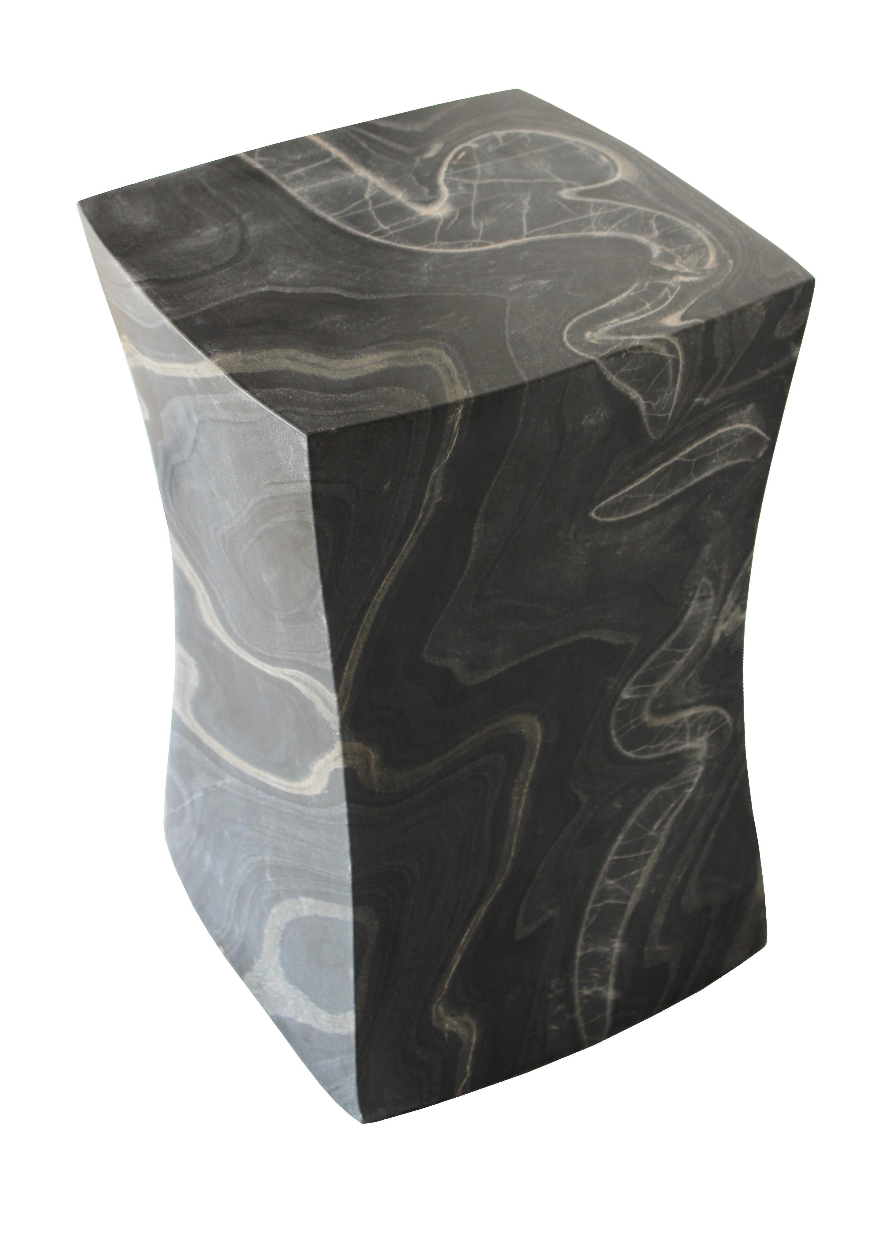 Hand-Carved Set of Two Jour Block Tables Black Marble by Paul Mathieu Handcrafted in India For Sale
