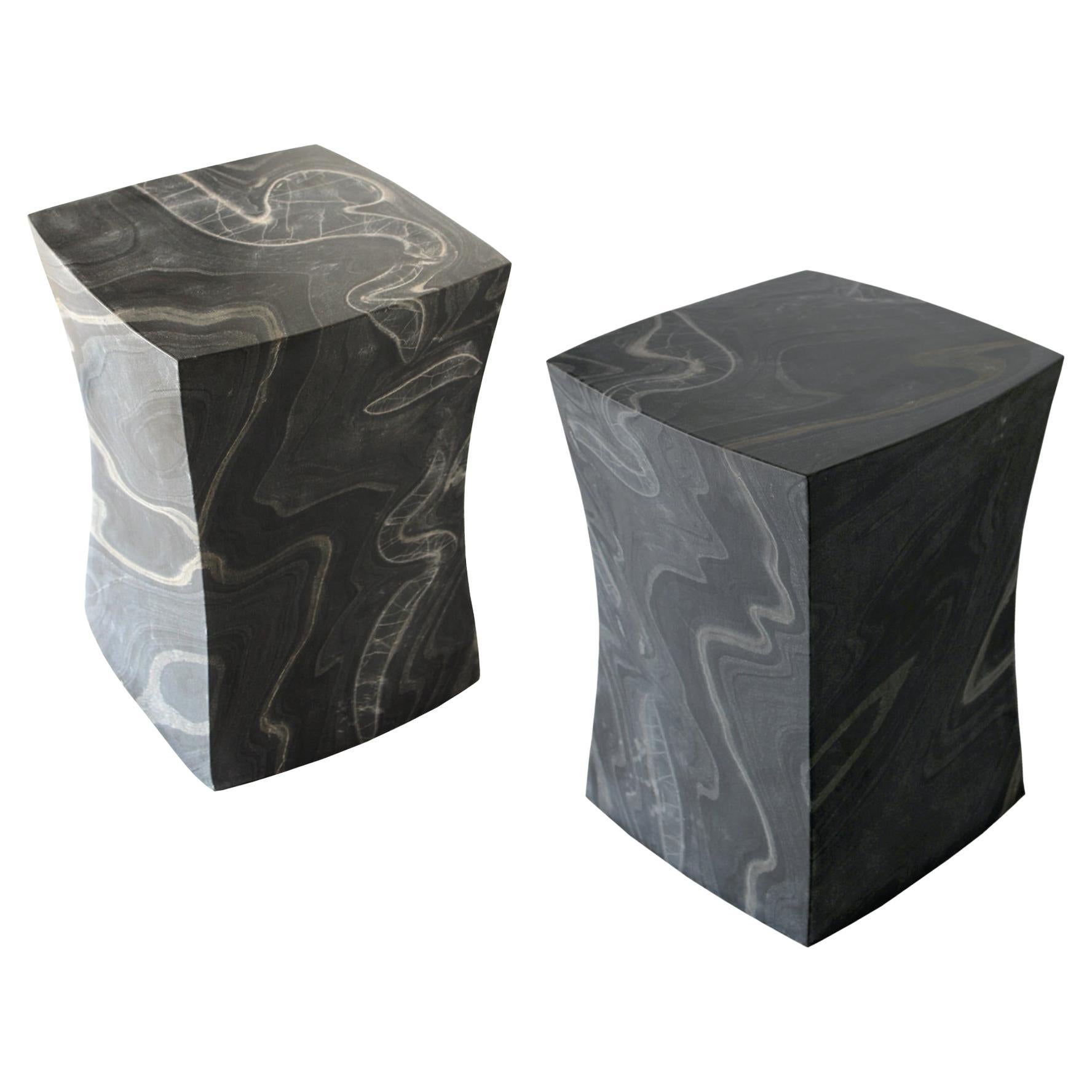 Set of Two Jour Block Tables Black Marble by Paul Mathieu Handcrafted in India For Sale