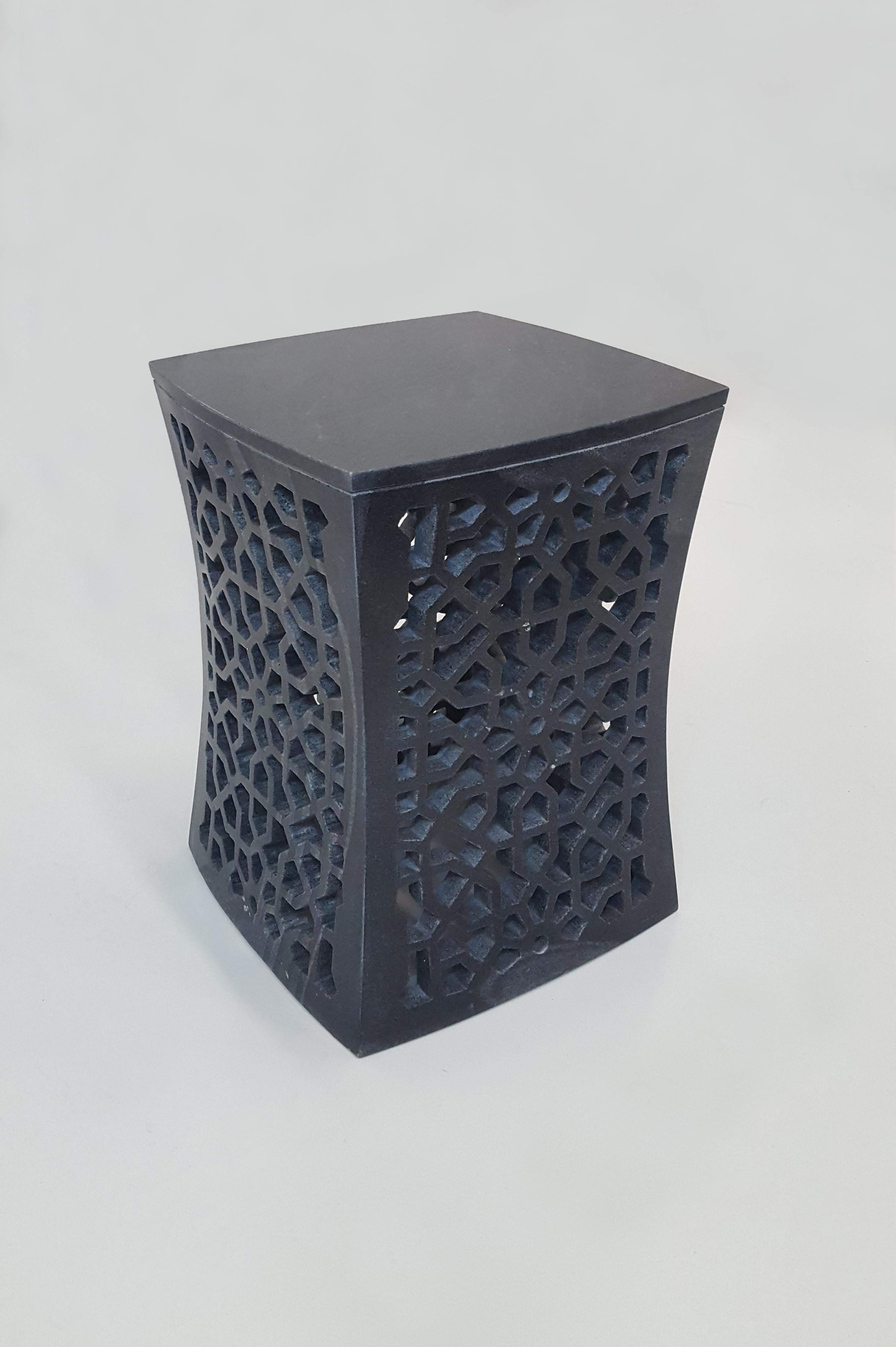 Hand-Carved Set of Two Jour Geometric Jali Side Tables in Black Marble by Paul Mathieu For Sale