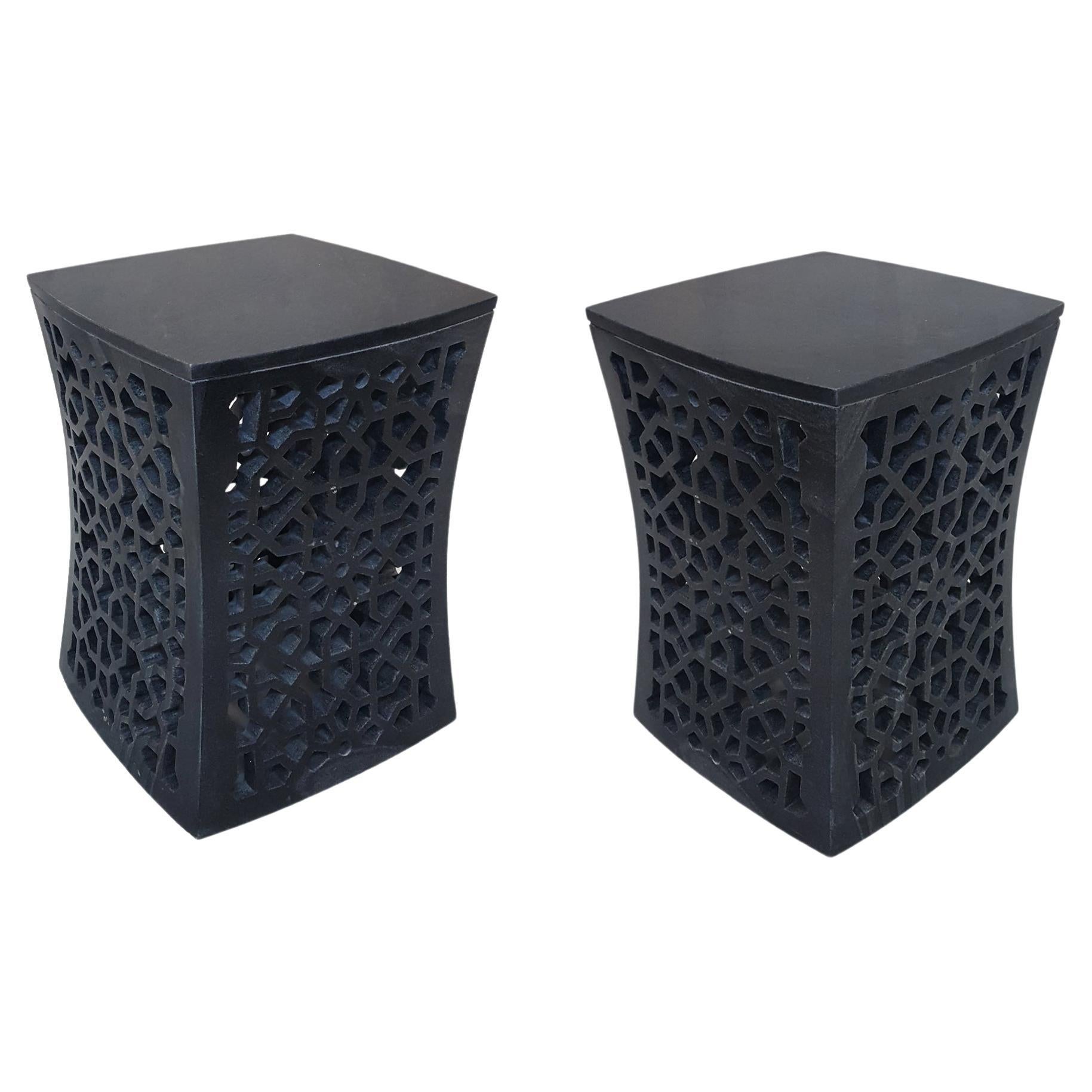 Set of Two Jour Geometric Jali Side Tables in Black Marble by Paul Mathieu For Sale