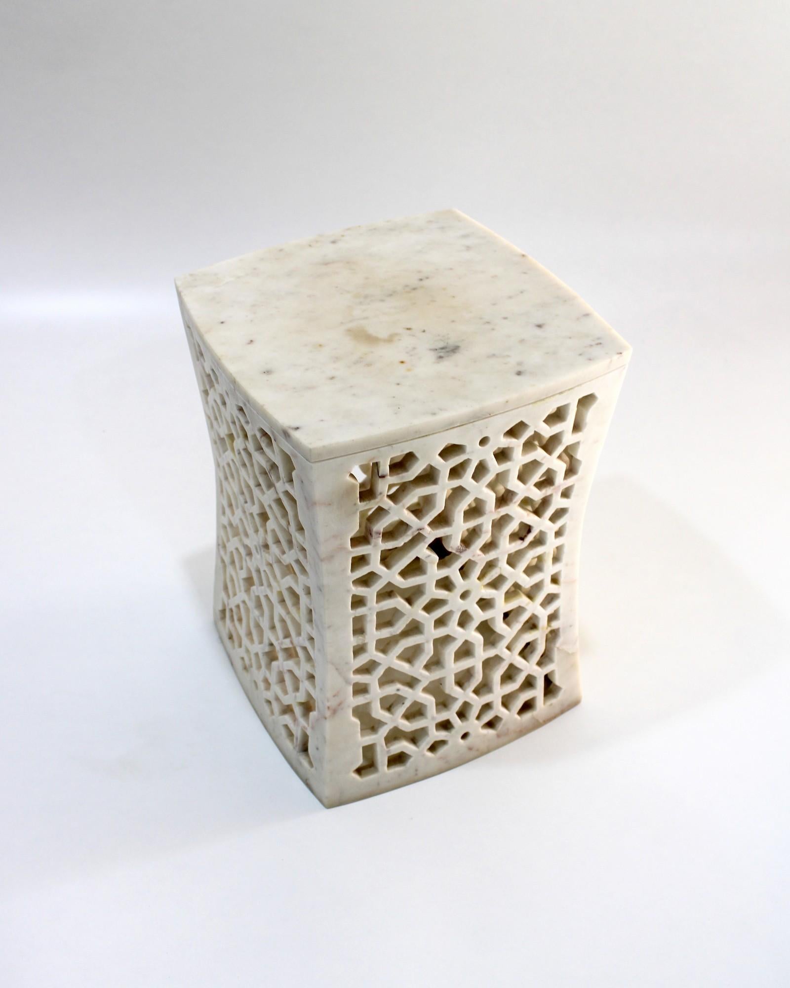 Hand-Carved Set of Two Jour Geometric Jali Side Tables in White Marble by Paul Mathieu For Sale