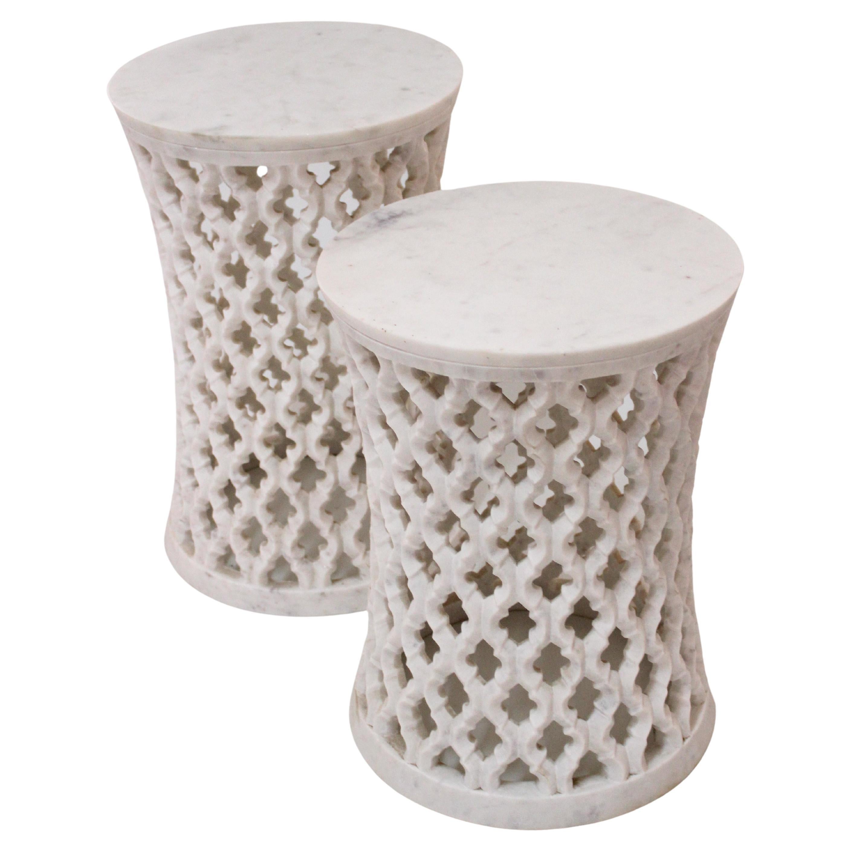 Set of Two Jour Jali Round Tables in White Marble by Paul Mathieu For Sale