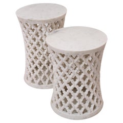 Set of Two Jour Jali Round Tables in White Marble by Paul Mathieu
