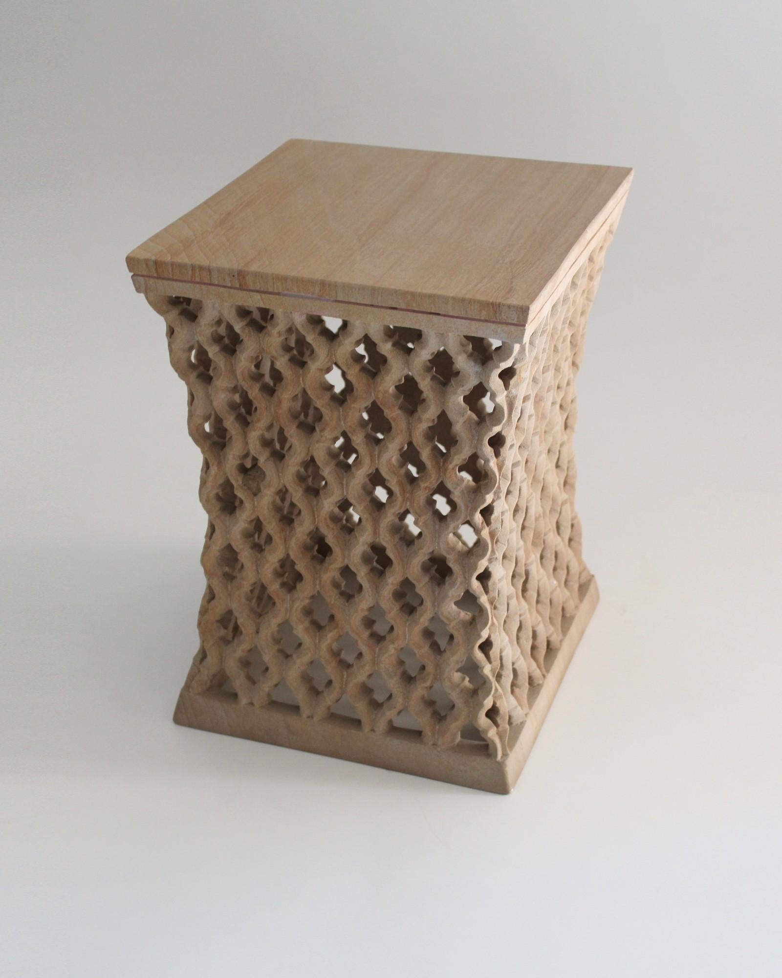Inspired by the elegant pierced marble “jali” screens and windows he saw in the palaces of Mughal India, the renowned designer Paul Mathieu has created a unique collection of hand-carved side tables. Manufacture: Solid blocks of marble are hollowed