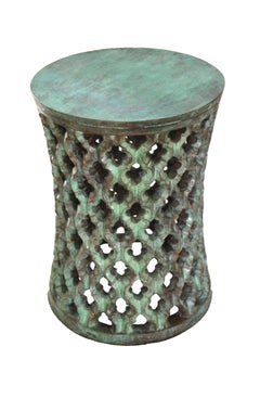 Set of Two Jour Round Jali Tables Brass Green Patina by Paul Mathieu