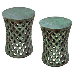 Set of Two Jour Round Jali Tables Brass Green Patina by Paul Mathieu