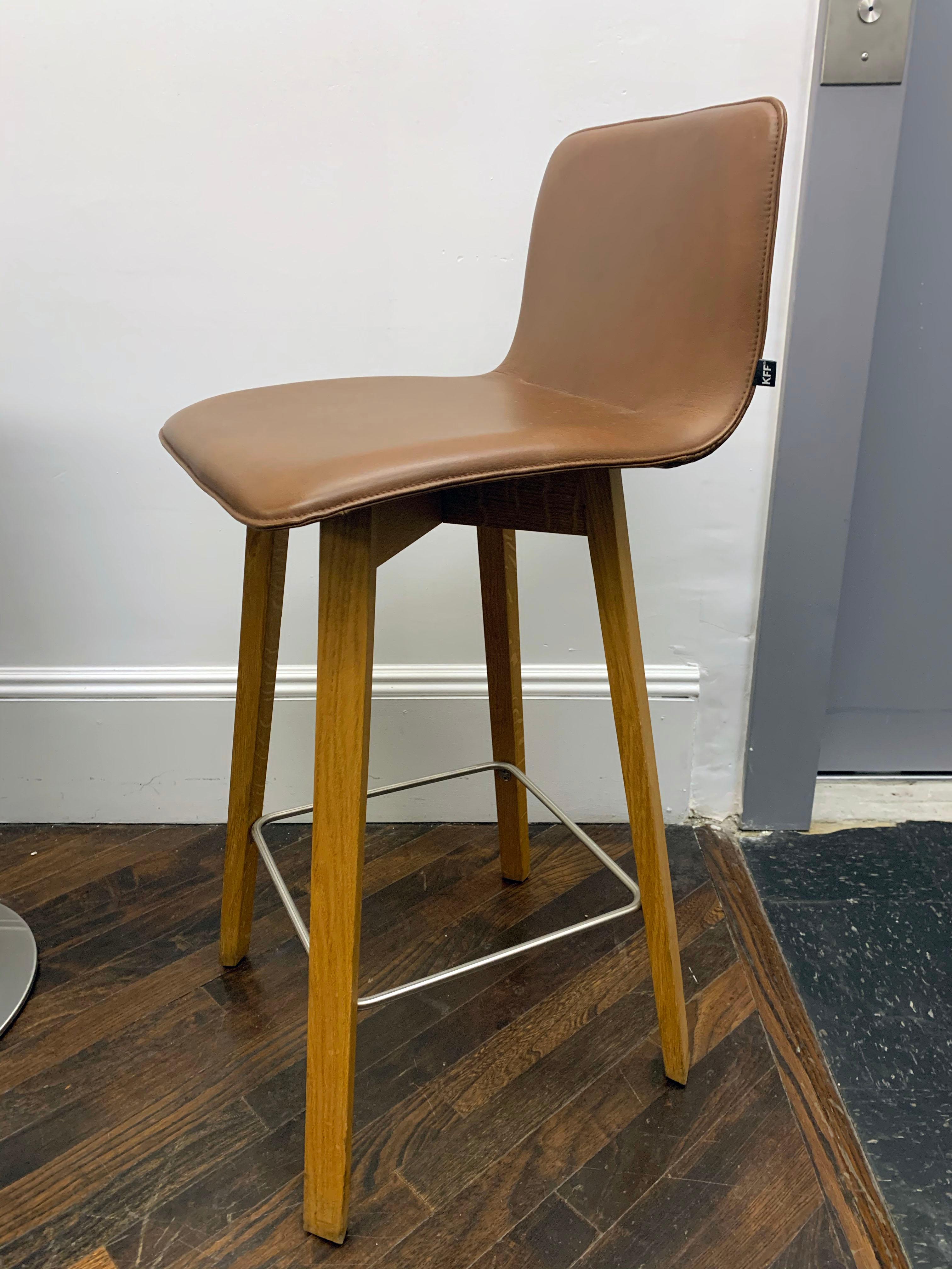 German Set of Two KFF Maverick Stool in Brown Leather and Oak Wood Frame For Sale