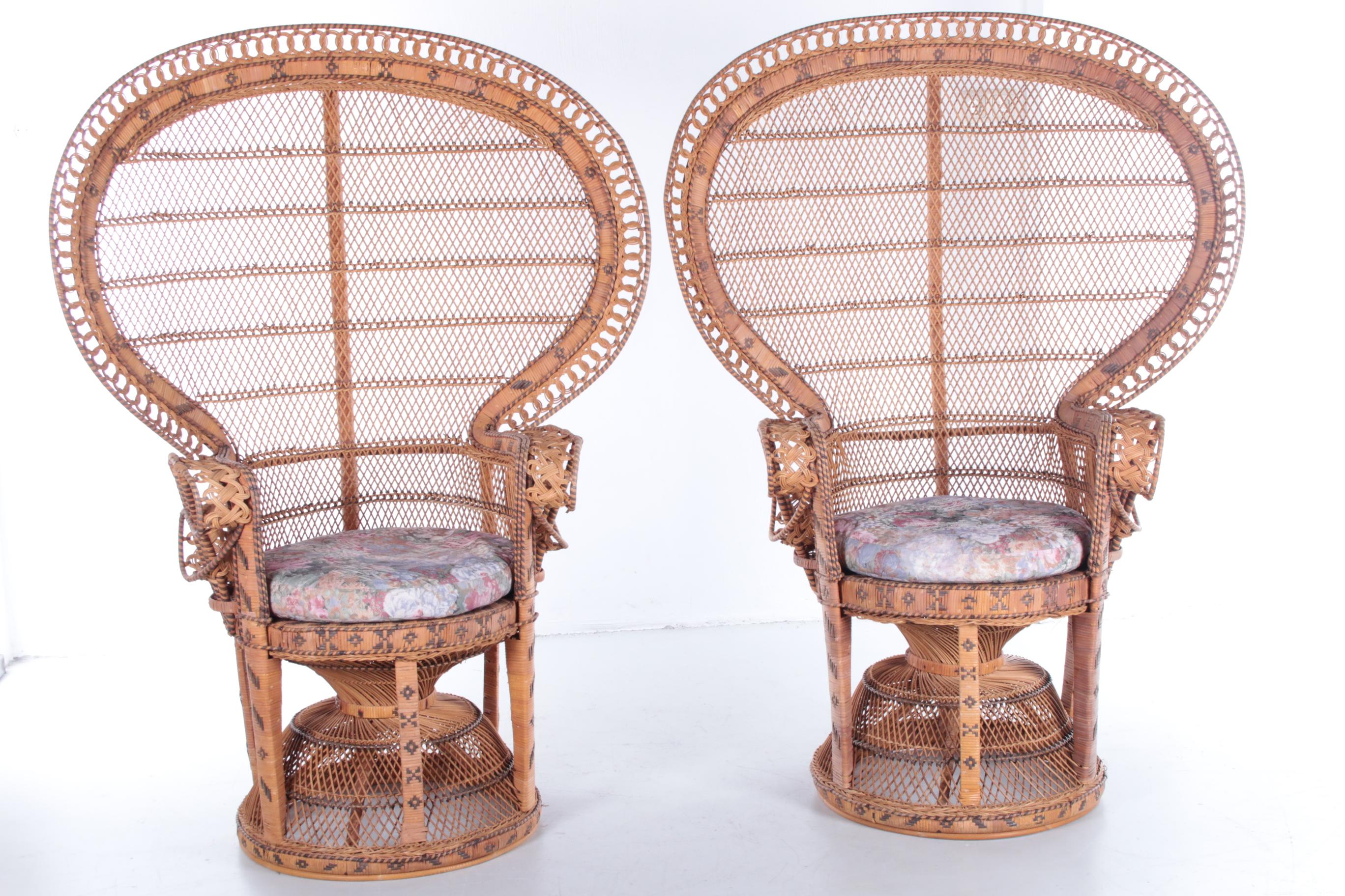 Set of two King Sized Emmanuelle Peacock Chairs with side table


A beautiful set of two king sized Emmanuelle peacock chairs with a matching side table. The set is made by the famous furniture company Kok Maison which is known for their bamboo and